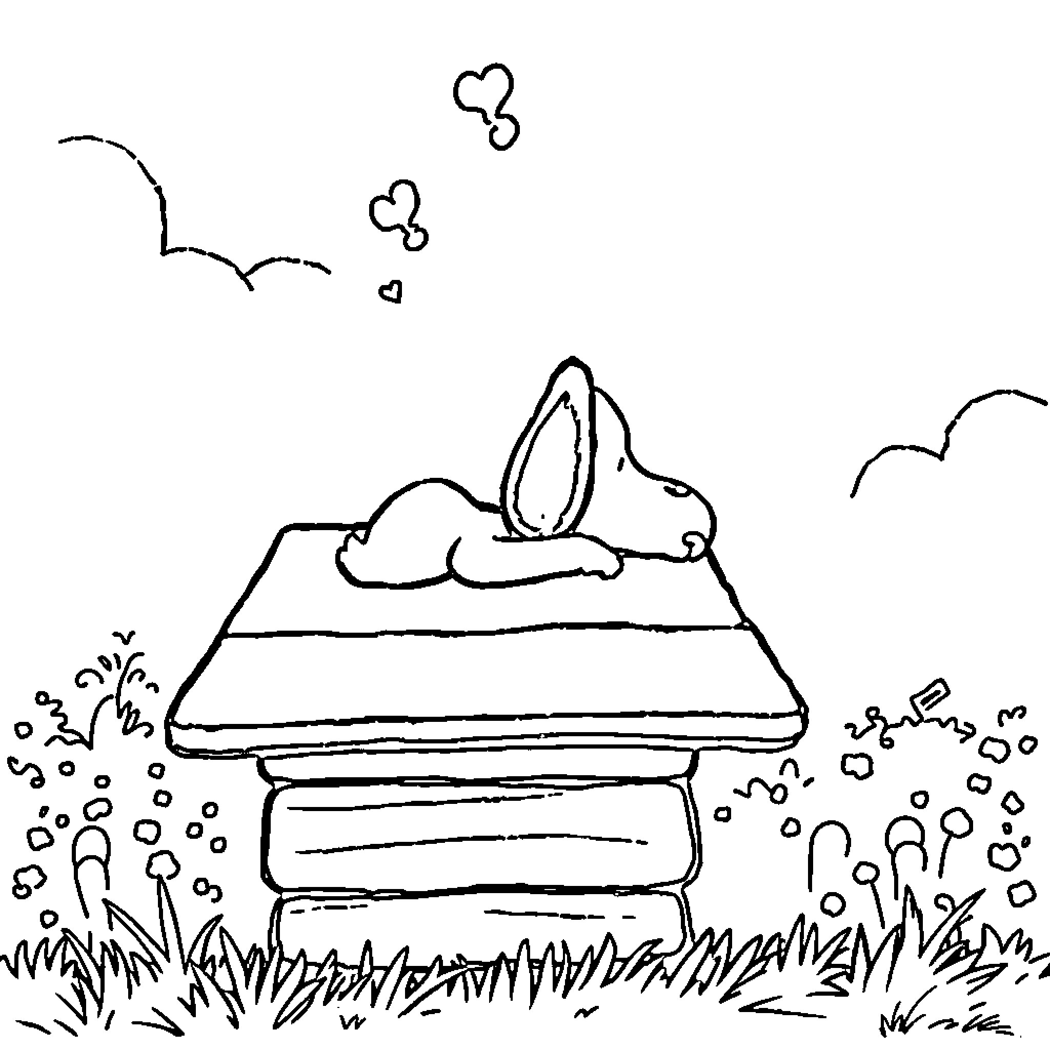 Snoopy sleeping peacefully under the stars Coloring Page (free black-and-white line drawing printable PDF for all, from beginners to advanced learners, including children, teens, adults, and seniors)