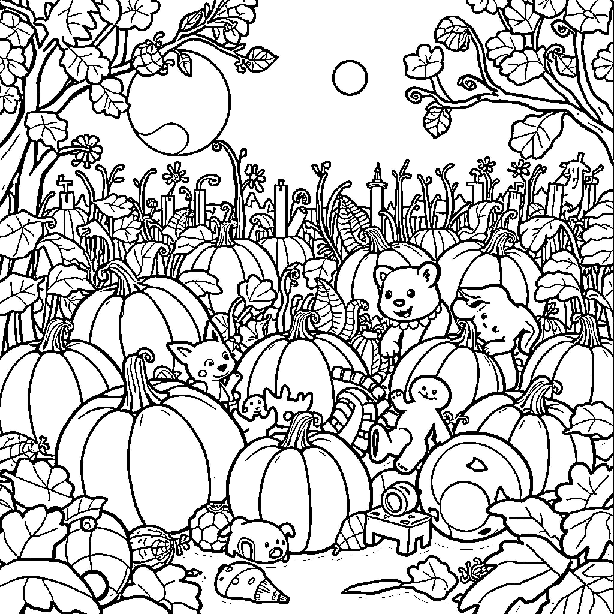 Toy animals and pumpkins in a whimsical garden Coloring Page (free black-and-white line drawing printable PDF for all, from beginners to advanced learners, including children, teens, adults, and seniors)