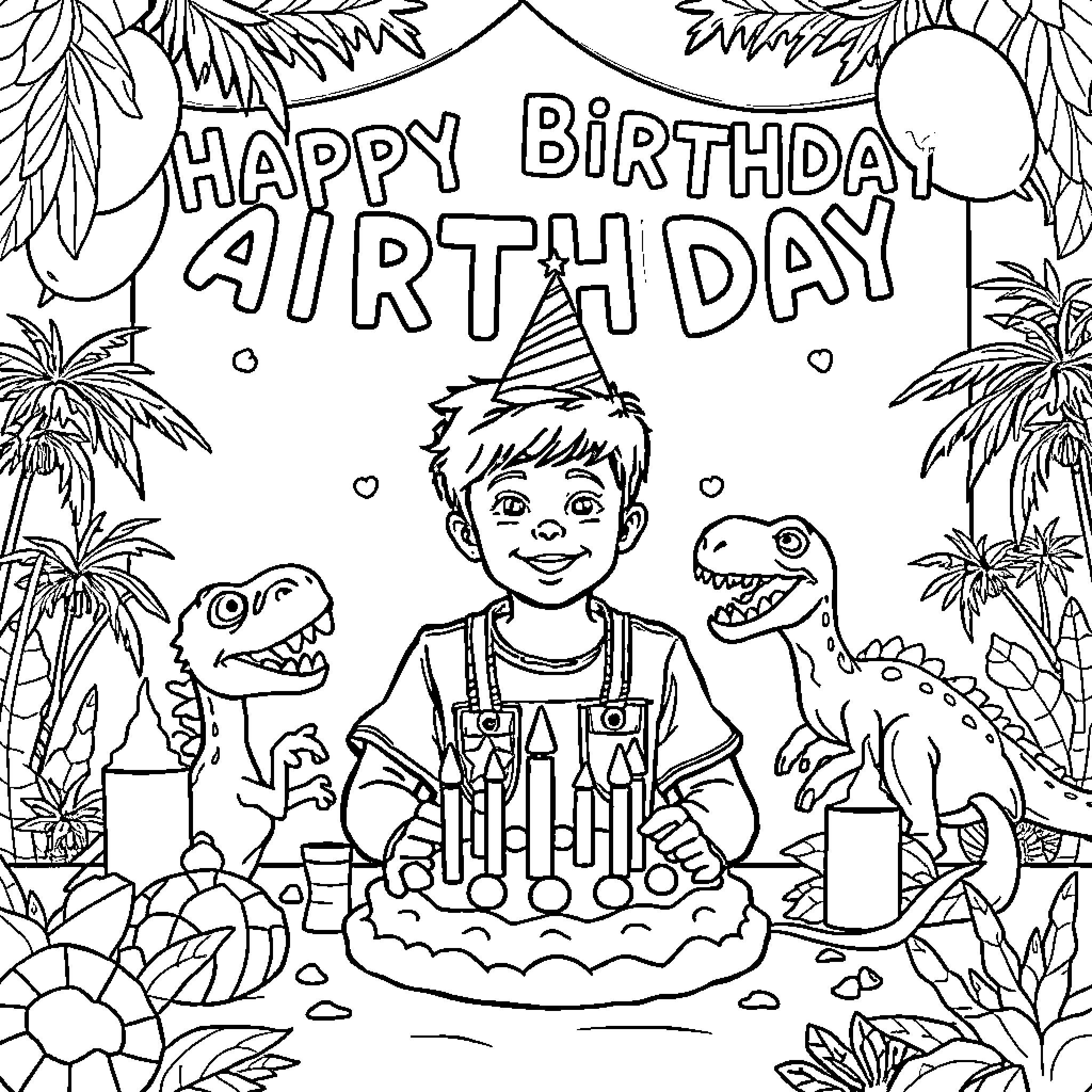Dinosaur celebrates a happy birthday with cake Coloring Page (free black-and-white line drawing printable PDF for all, from beginners to advanced learners, including children, teens, adults, and seniors)