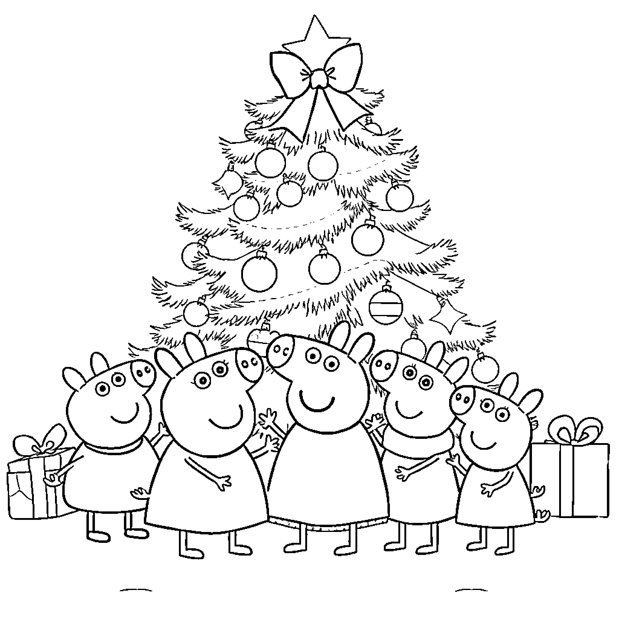 Peppa Pig family celebrating Christmas together Coloring Page (free black-and-white line drawing printable PDF for all, from beginners to advanced learners, including children, teens, adults, and seniors)