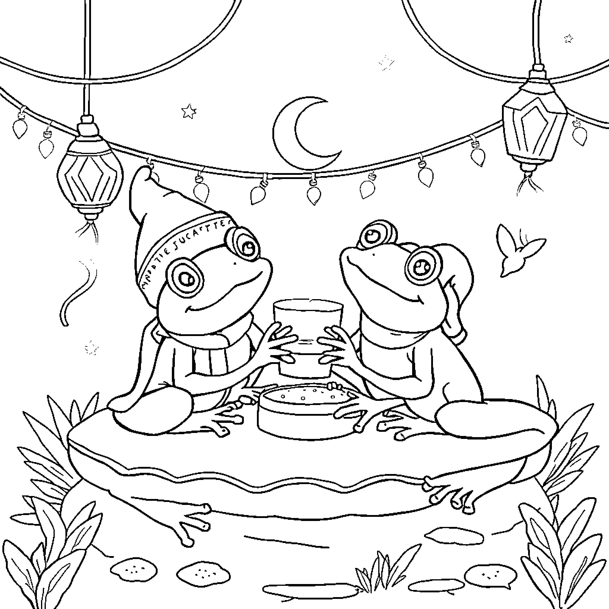 Frog friends enjoying a night picnic Coloring Page (free black-and-white line drawing printable PDF for all, from beginners to advanced learners, including children, teens, adults, and seniors)
