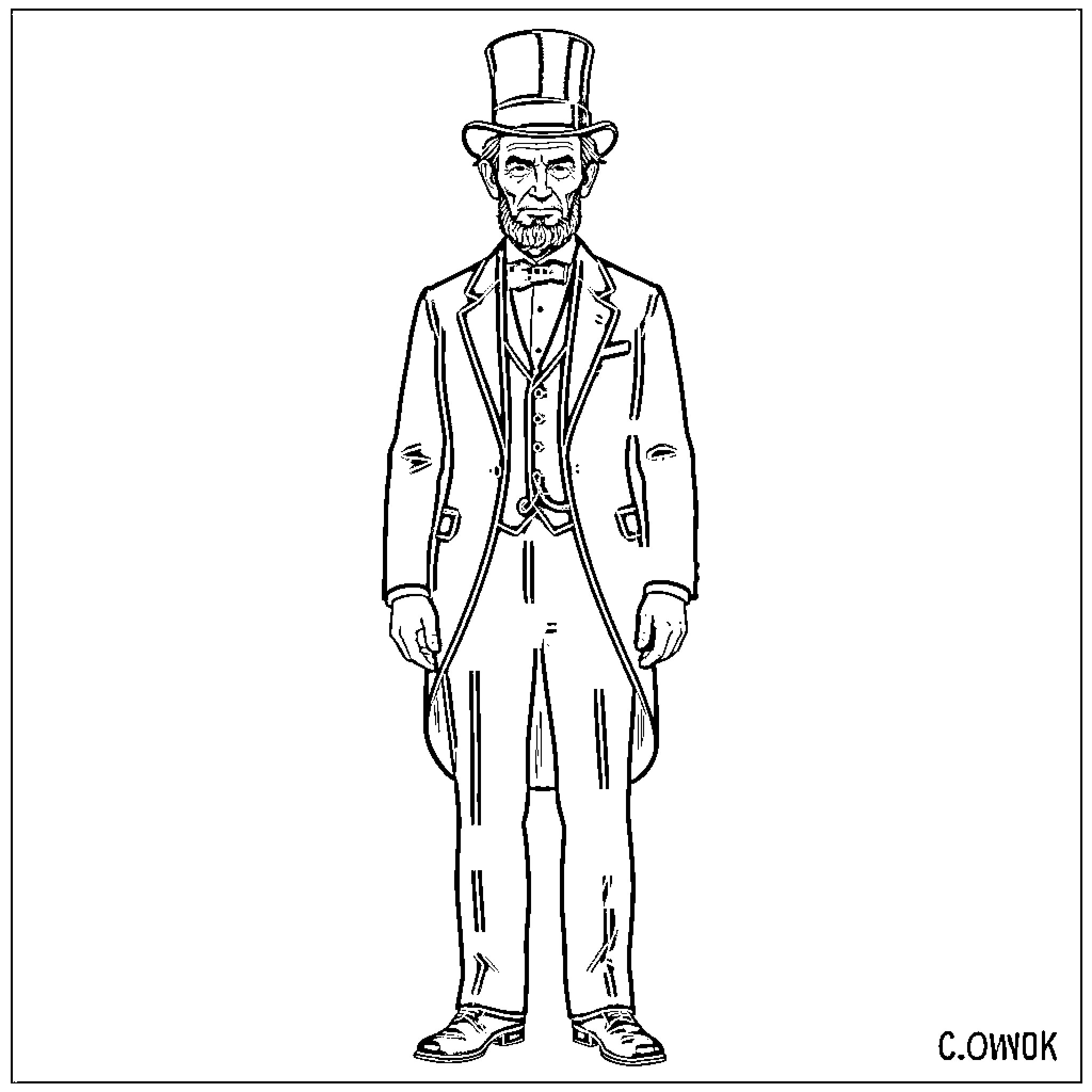 Lincoln in formal attire standing tall Coloring Page (free black-and-white line drawing printable PDF for all, from beginners to advanced learners, including children, teens, adults, and seniors)