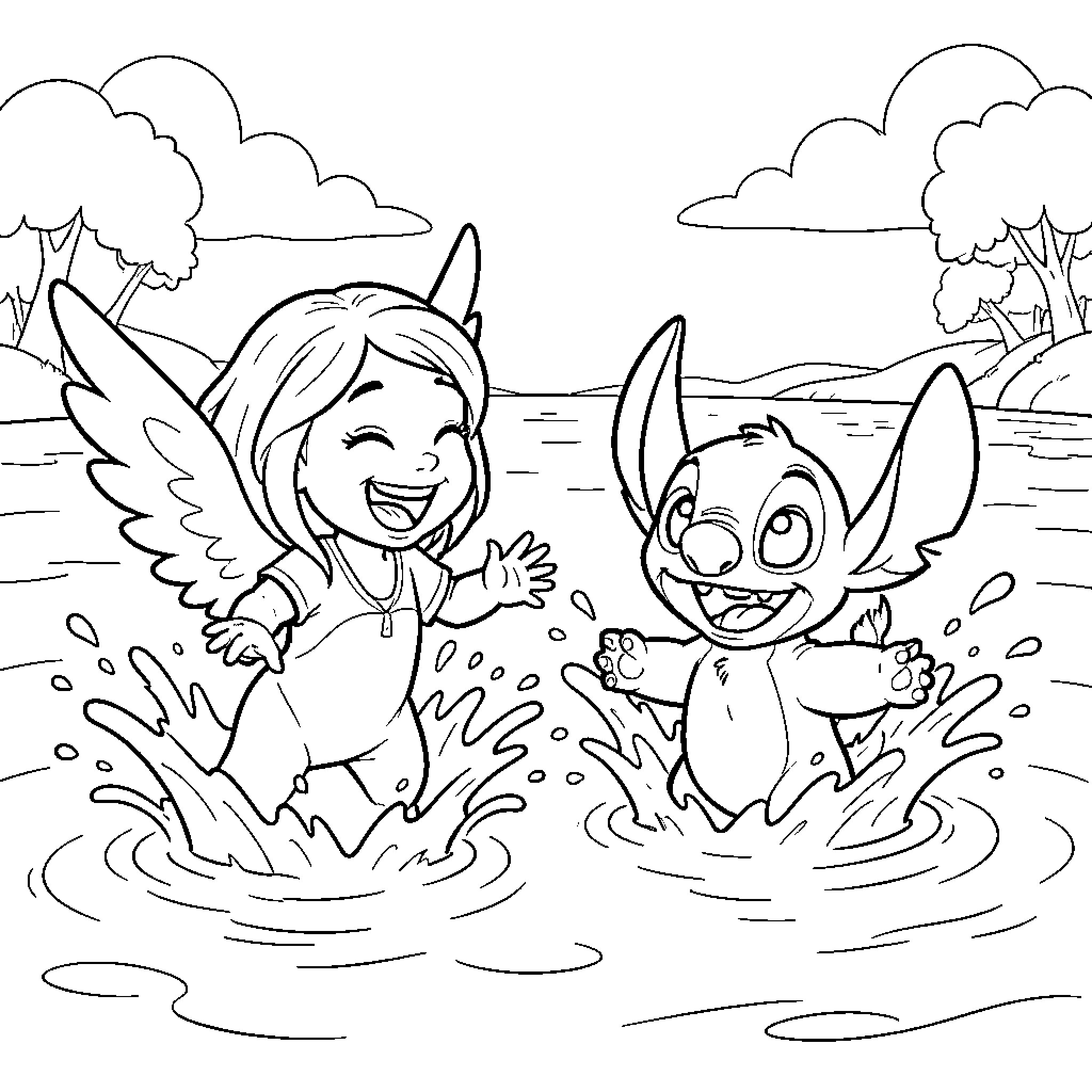Angel playing joyfully in the water with a creature Coloring Page (free black-and-white line drawing printable PDF for all, from beginners to advanced learners, including children, teens, adults, and seniors)