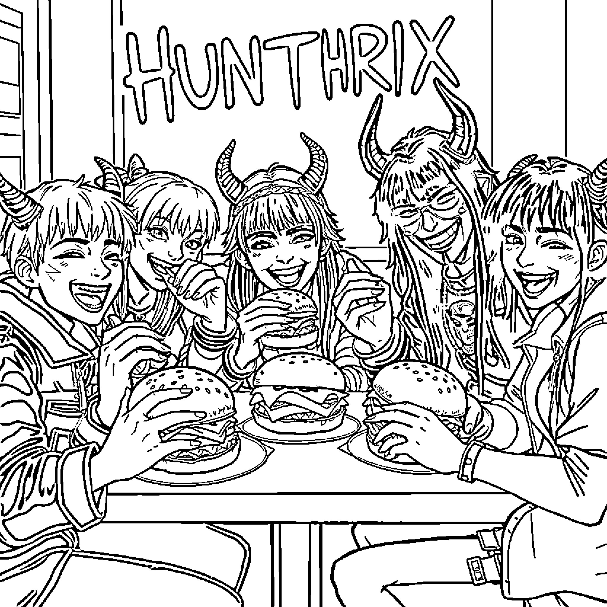 Demon Hunters Feasting on Burgers Coloring Page (free black-and-white line drawing printable PDF for all, from beginners to advanced learners, including children, teens, adults, and seniors)