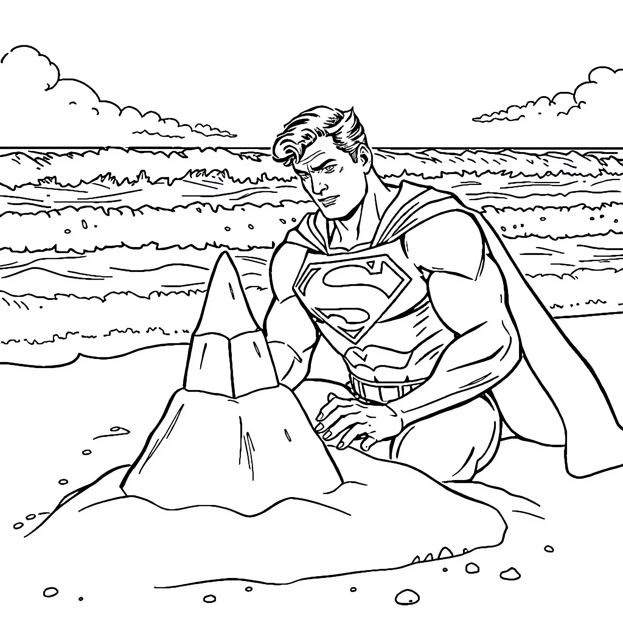 Superman heroically surveys the ocean landscape Coloring Page (free black-and-white line drawing printable PDF for all, from beginners to advanced learners, including children, teens, adults, and seniors)