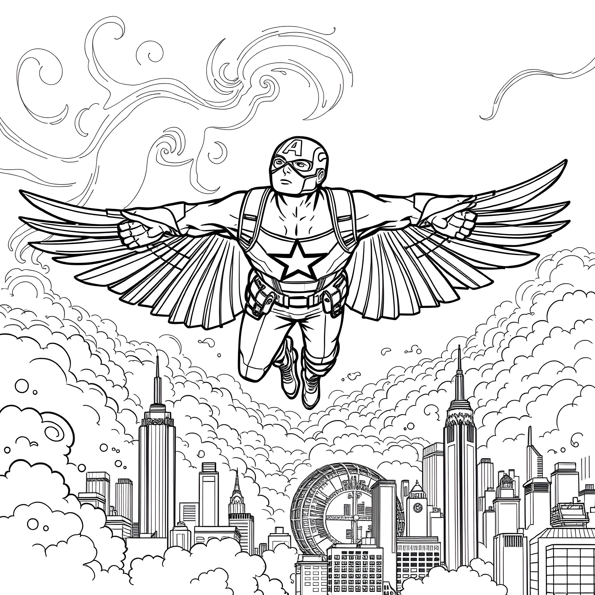 Falcon-winged hero soaring above the cityscape Coloring Page (free black-and-white line drawing printable PDF for all, from beginners to advanced learners, including children, teens, adults, and seniors)