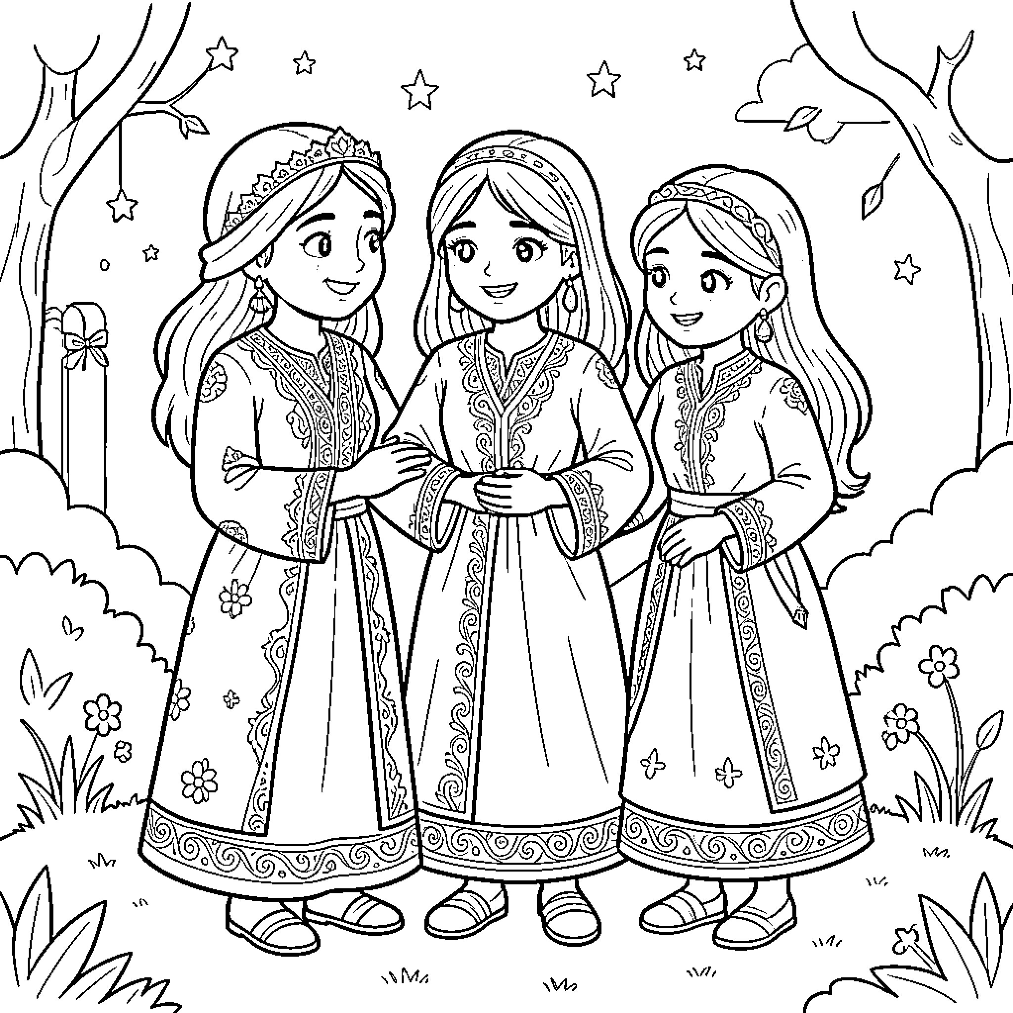 Mira Rumi Zoey standing together in elegant traditional dresses Coloring Page (free black-and-white line drawing printable PDF for all, from beginners to advanced learners, including children, teens, adults, and seniors)