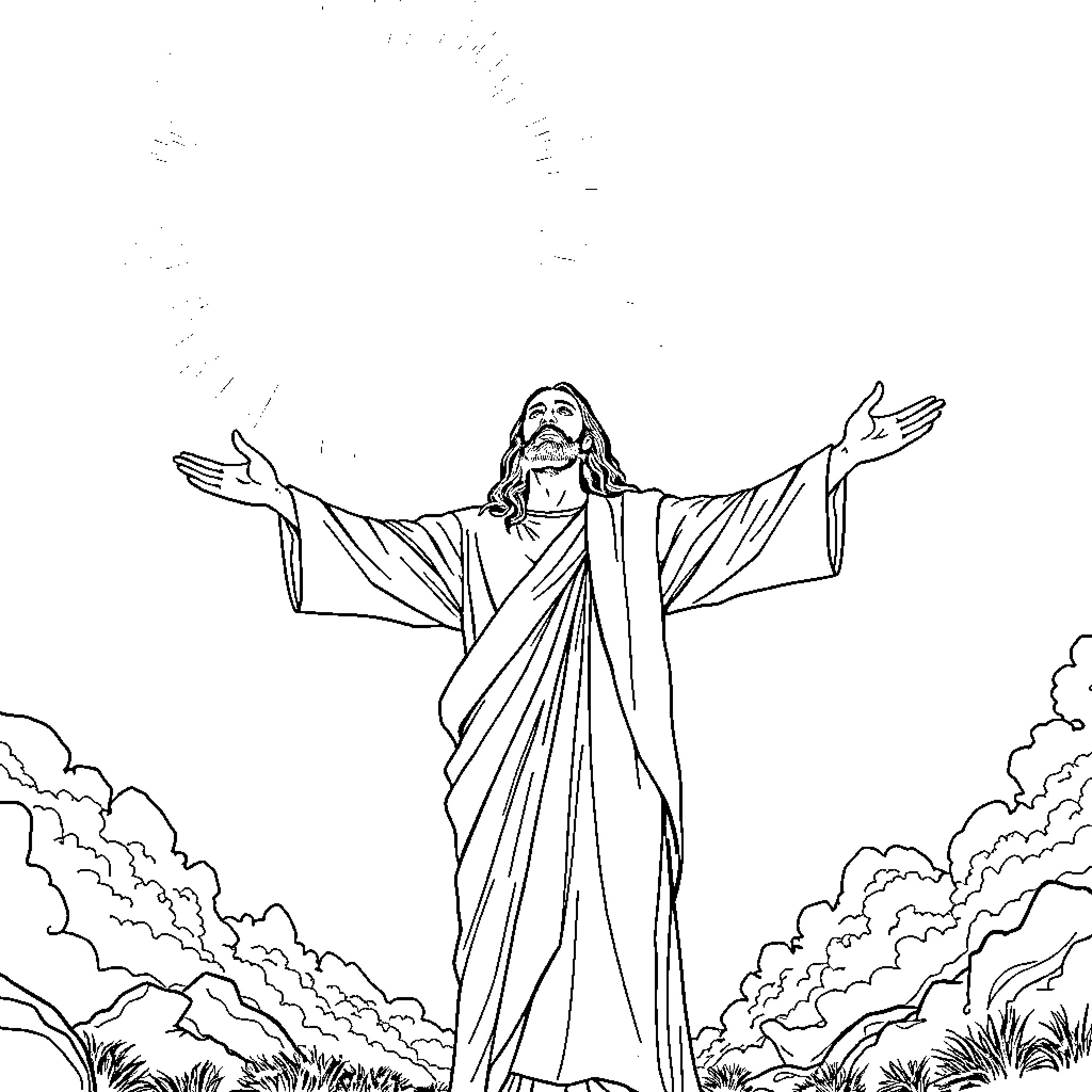 Jesus with arms outstretched in nature Coloring Page (free black-and-white line drawing printable PDF for all, from beginners to advanced learners, including children, teens, adults, and seniors)