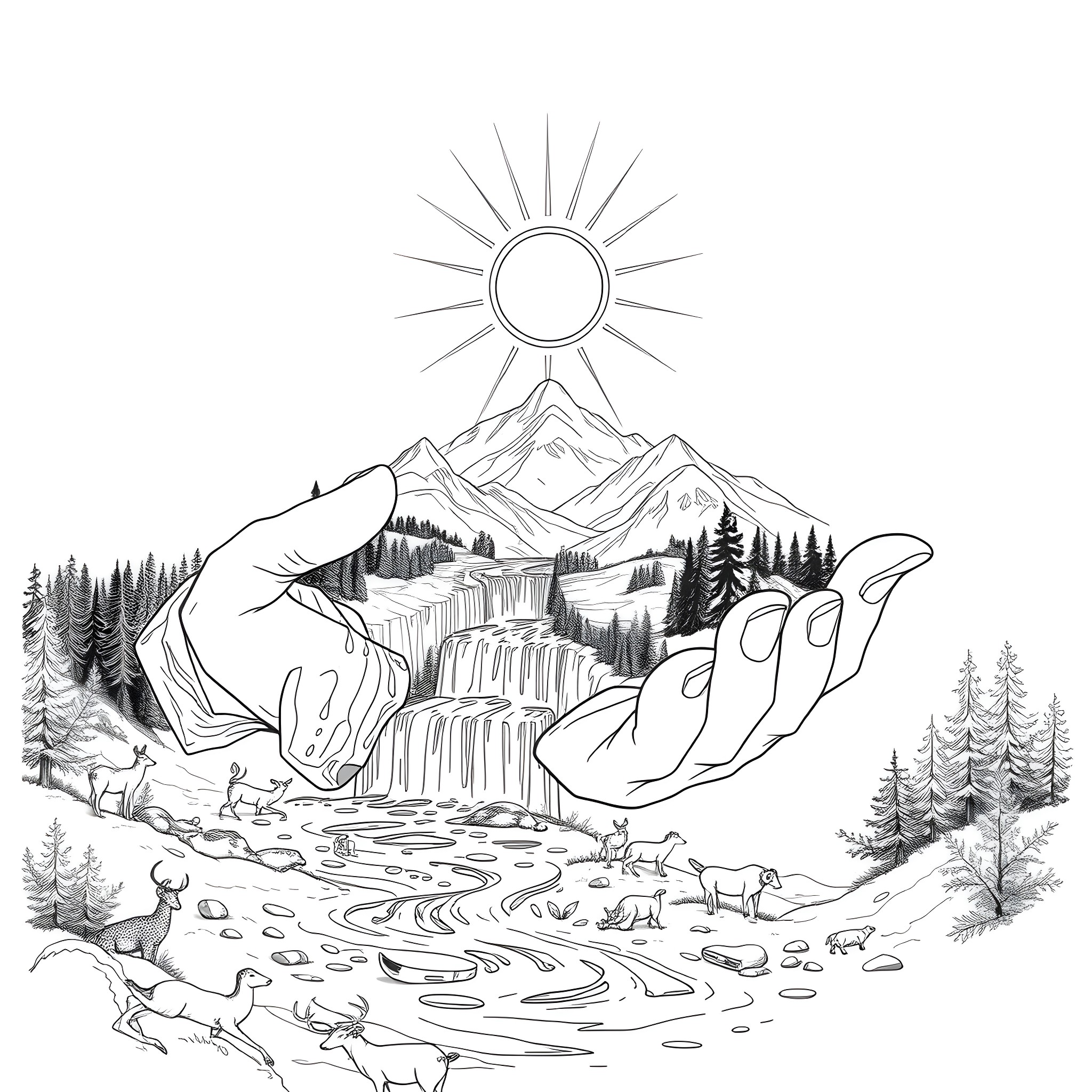 River flowing through a majestic mountain landscape Coloring Page (free black-and-white line drawing printable PDF for all, from beginners to advanced learners, including children, teens, adults, and seniors)