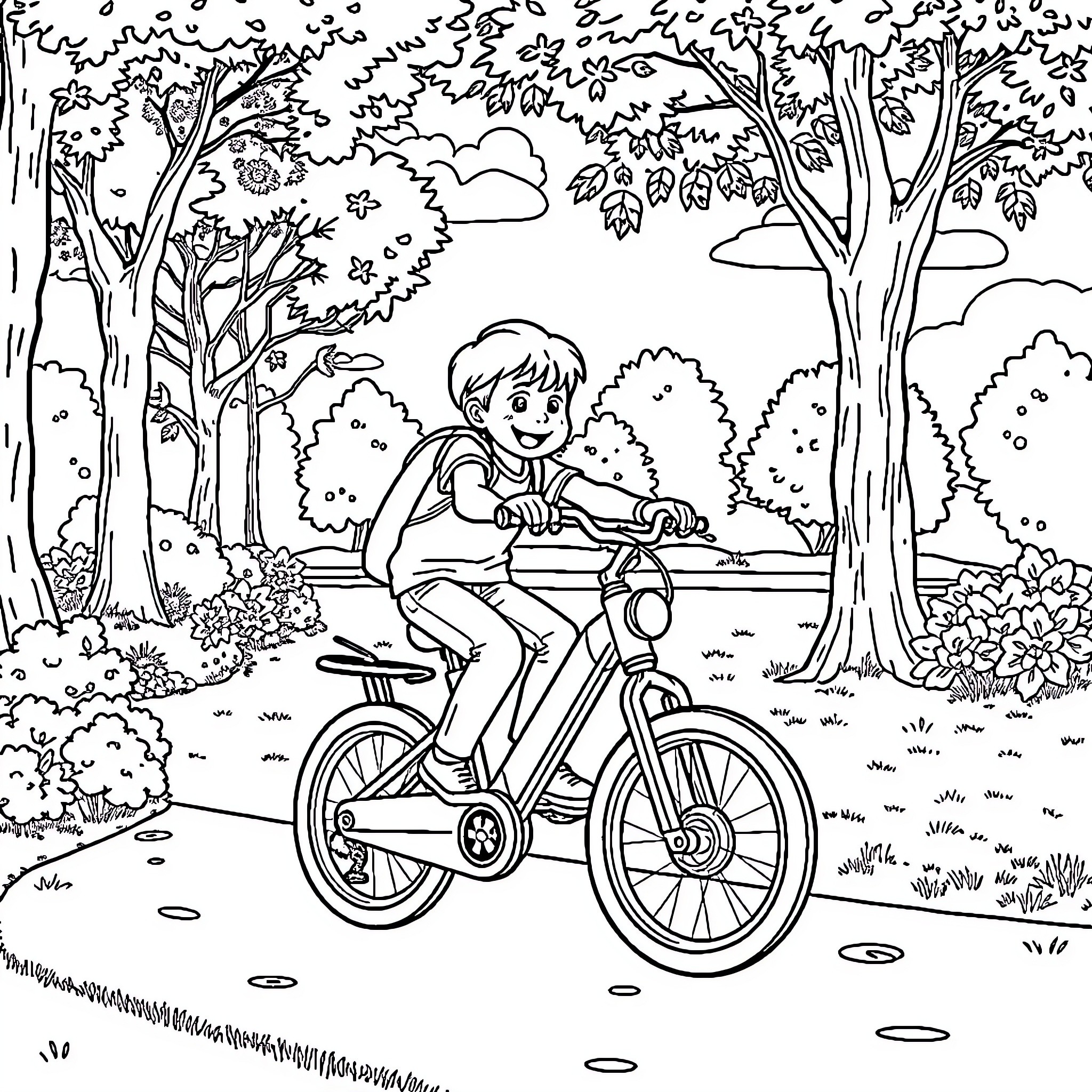 Kid riding bike in nature scene Coloring Page (free black-and-white line drawing printable PDF for all, from beginners to advanced learners, including children, teens, adults, and seniors)