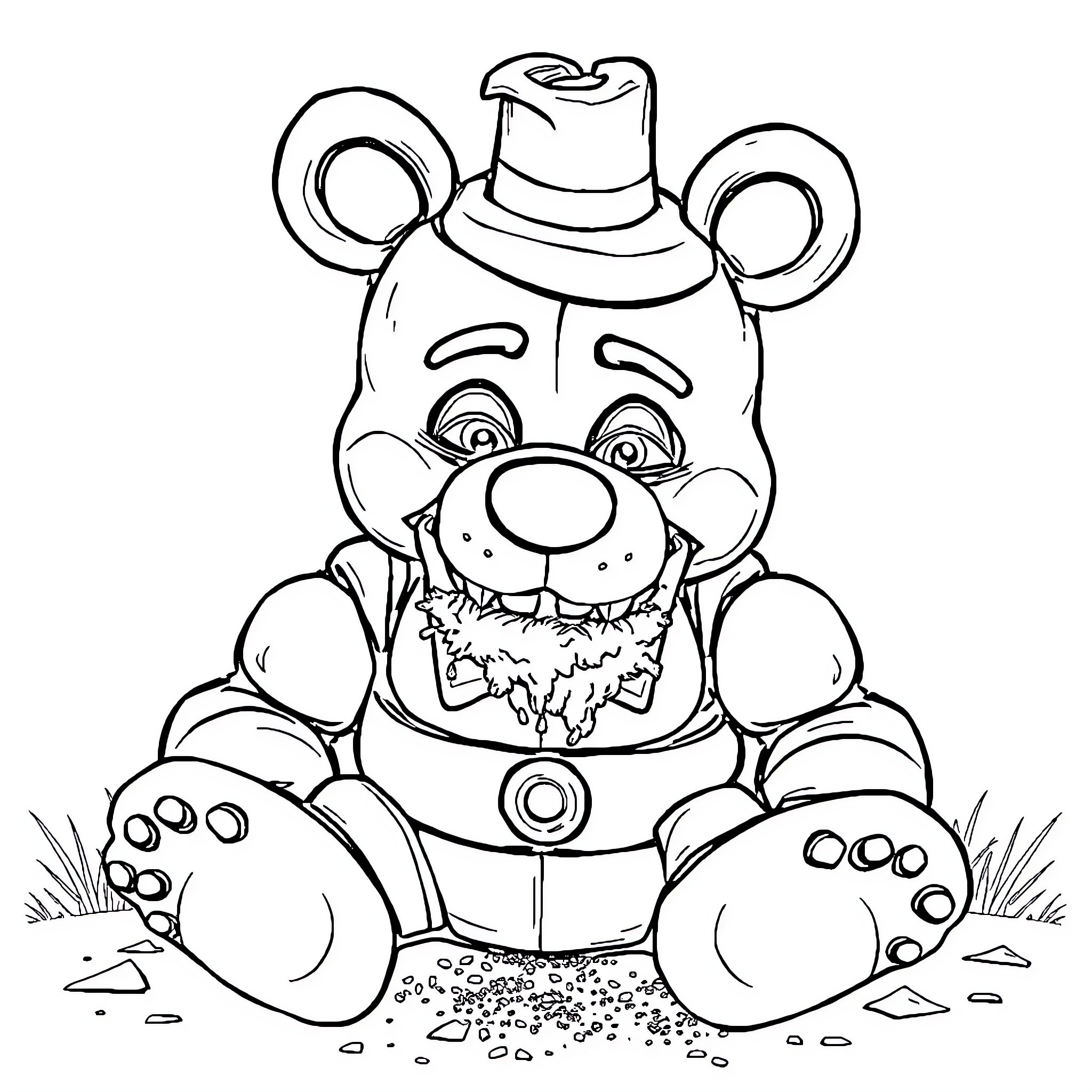 Freddy Fazbear sitting in grassy field Coloring Page (free black-and-white line drawing printable PDF for all, from beginners to advanced learners, including children, teens, adults, and seniors)