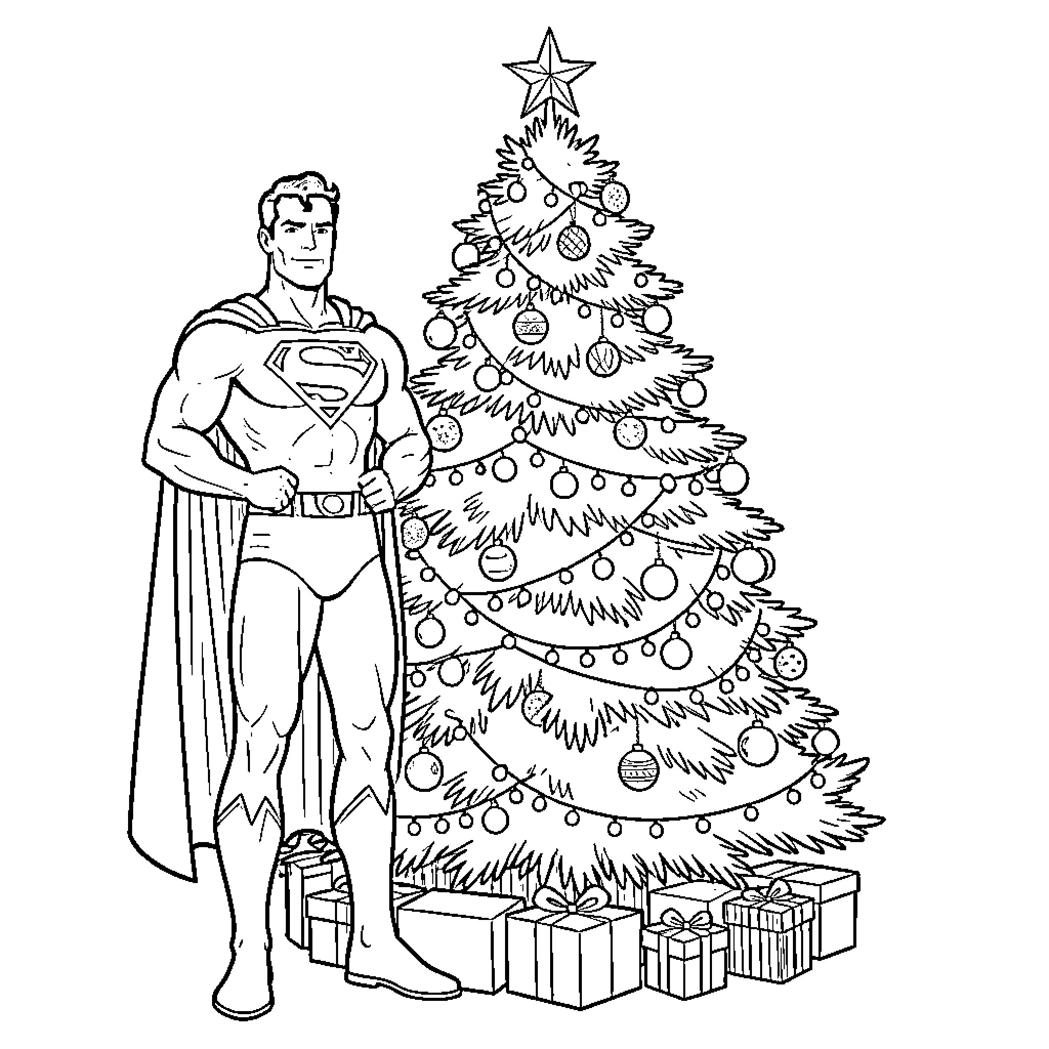 Superman standing heroically next to a decorated Christmas tree Coloring Page (free black-and-white line drawing printable PDF for all, from beginners to advanced learners, including children, teens, adults, and seniors)