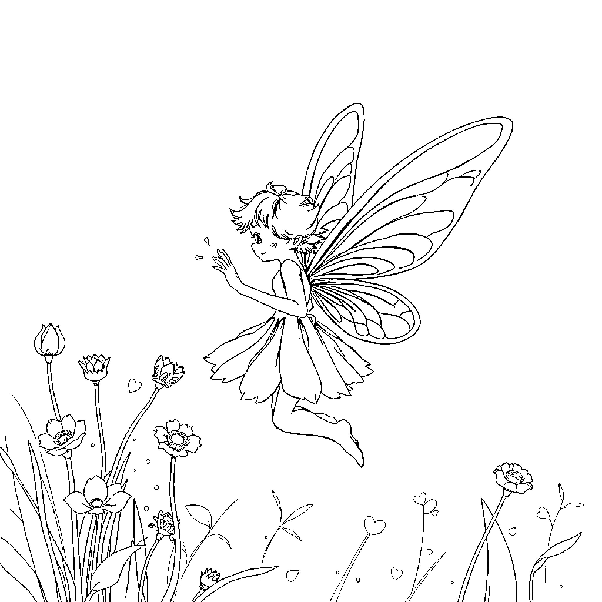 Fairy dancing gracefully among flowers Coloring Page (free black-and-white line drawing printable PDF for all, from beginners to advanced learners, including children, teens, adults, and seniors)