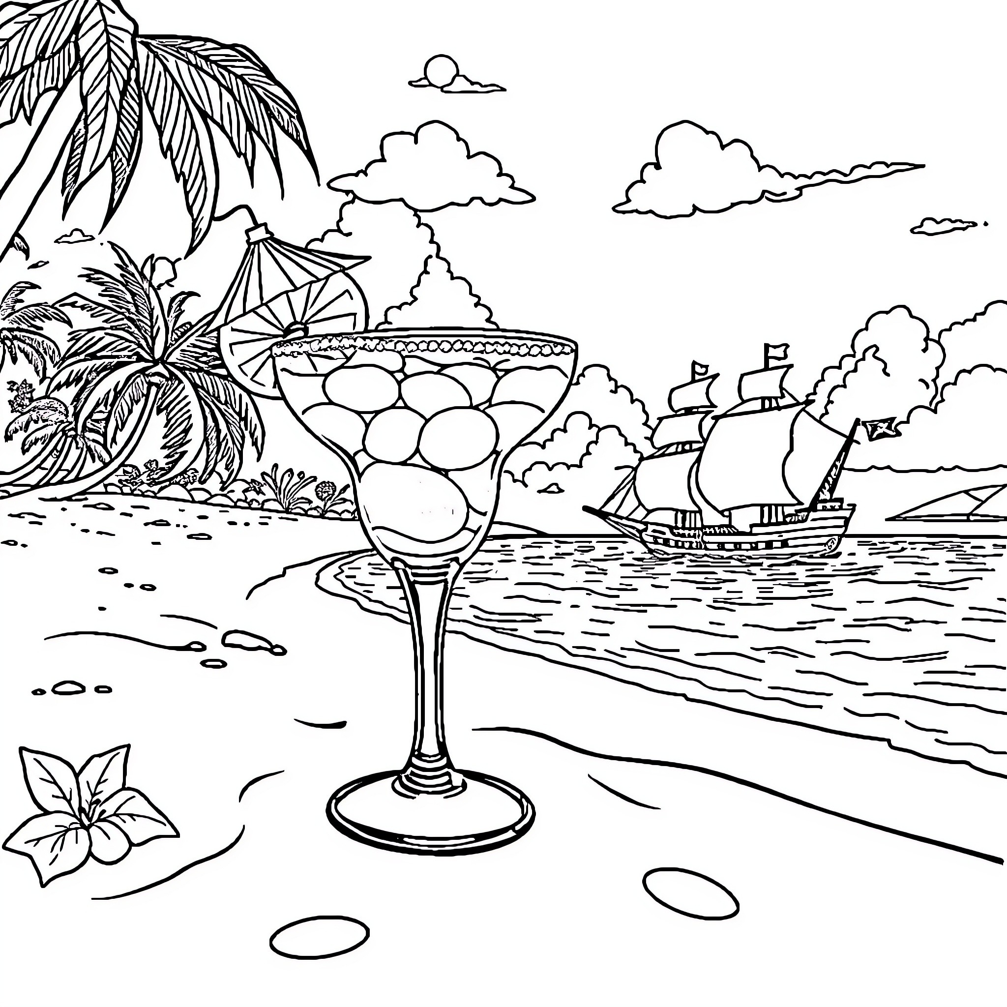 Margarita on the Beach with Sailing Ship Coloring Page (free black-and-white line drawing printable PDF for all, from beginners to advanced learners, including children, teens, adults, and seniors)