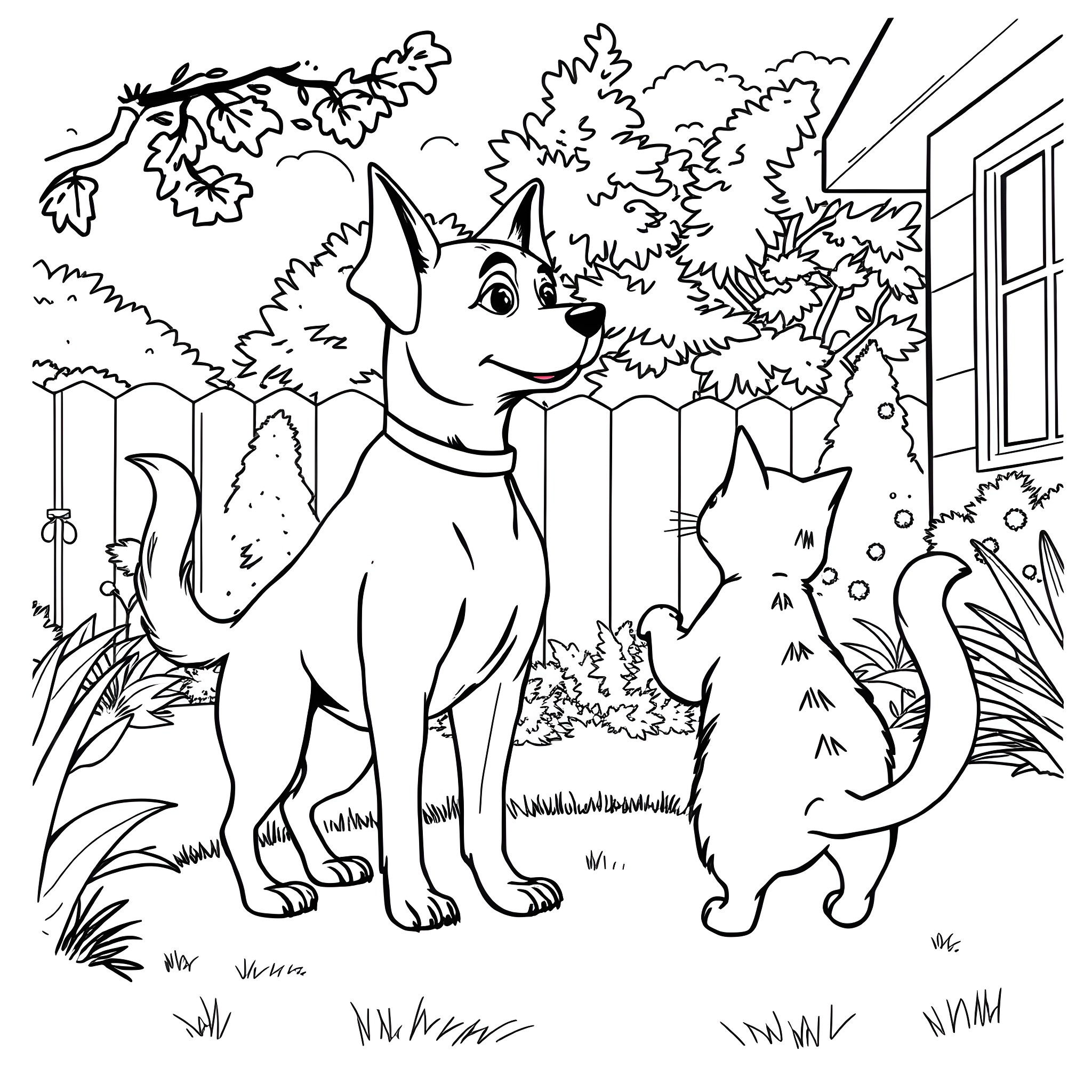 Dog playing happily with cat in the yard Coloring Page (free black-and-white line drawing printable PDF for all, from beginners to advanced learners, including children, teens, adults, and seniors)
