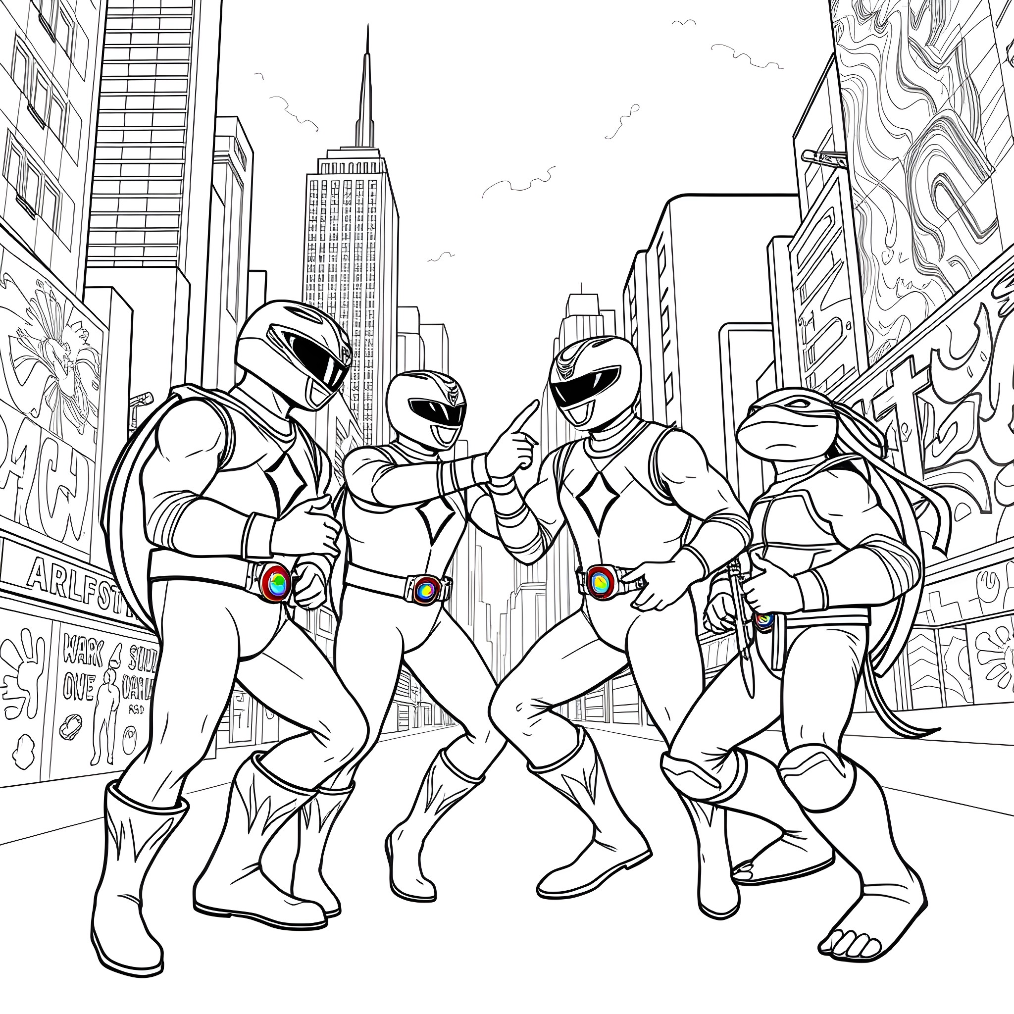 Power Rangers Defending the City Coloring Page (free black-and-white line drawing printable PDF for all, from beginners to advanced learners, including children, teens, adults, and seniors)