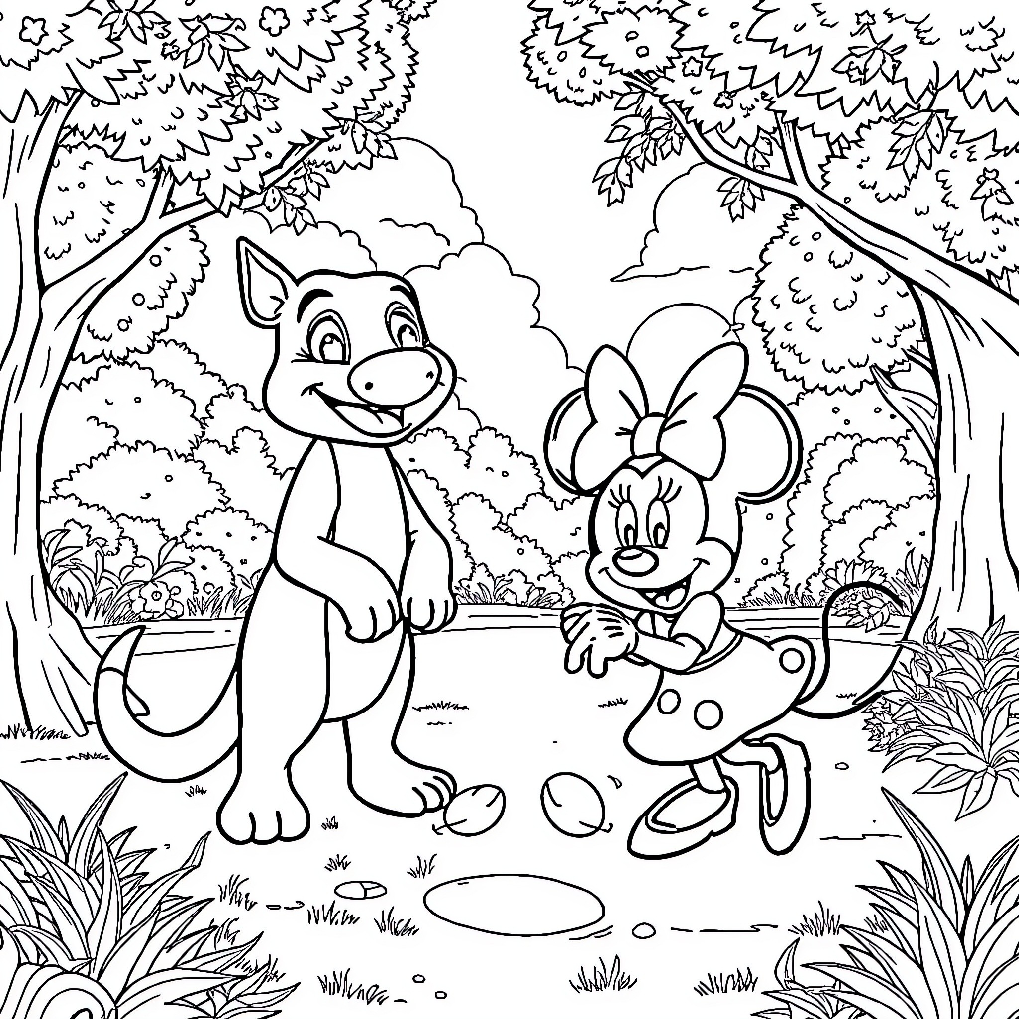 Character playing in the forest with friends Coloring Page (free black-and-white line drawing printable PDF for all, from beginners to advanced learners, including children, teens, adults, and seniors)