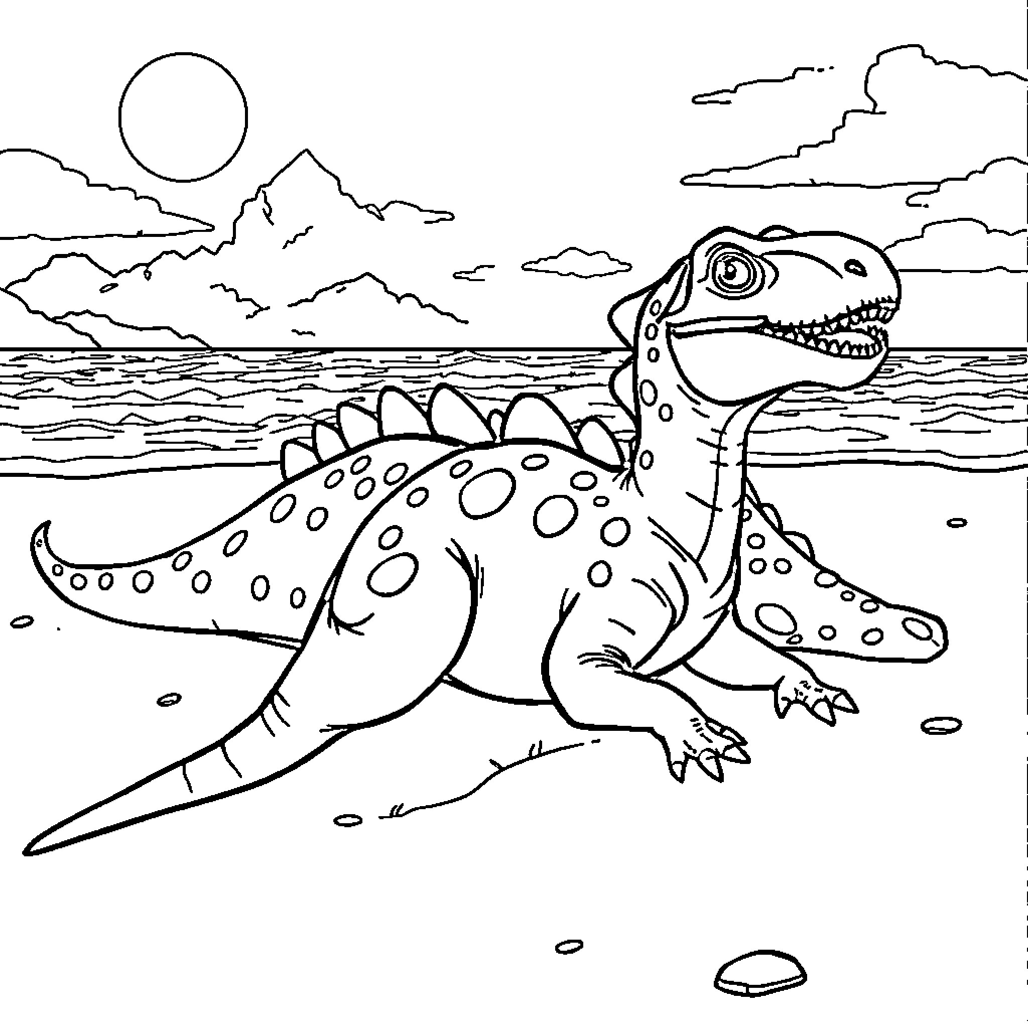Dinosaur exploring the beach under the sun Coloring Page (free black-and-white line drawing printable PDF for all, from beginners to advanced learners, including children, teens, adults, and seniors)