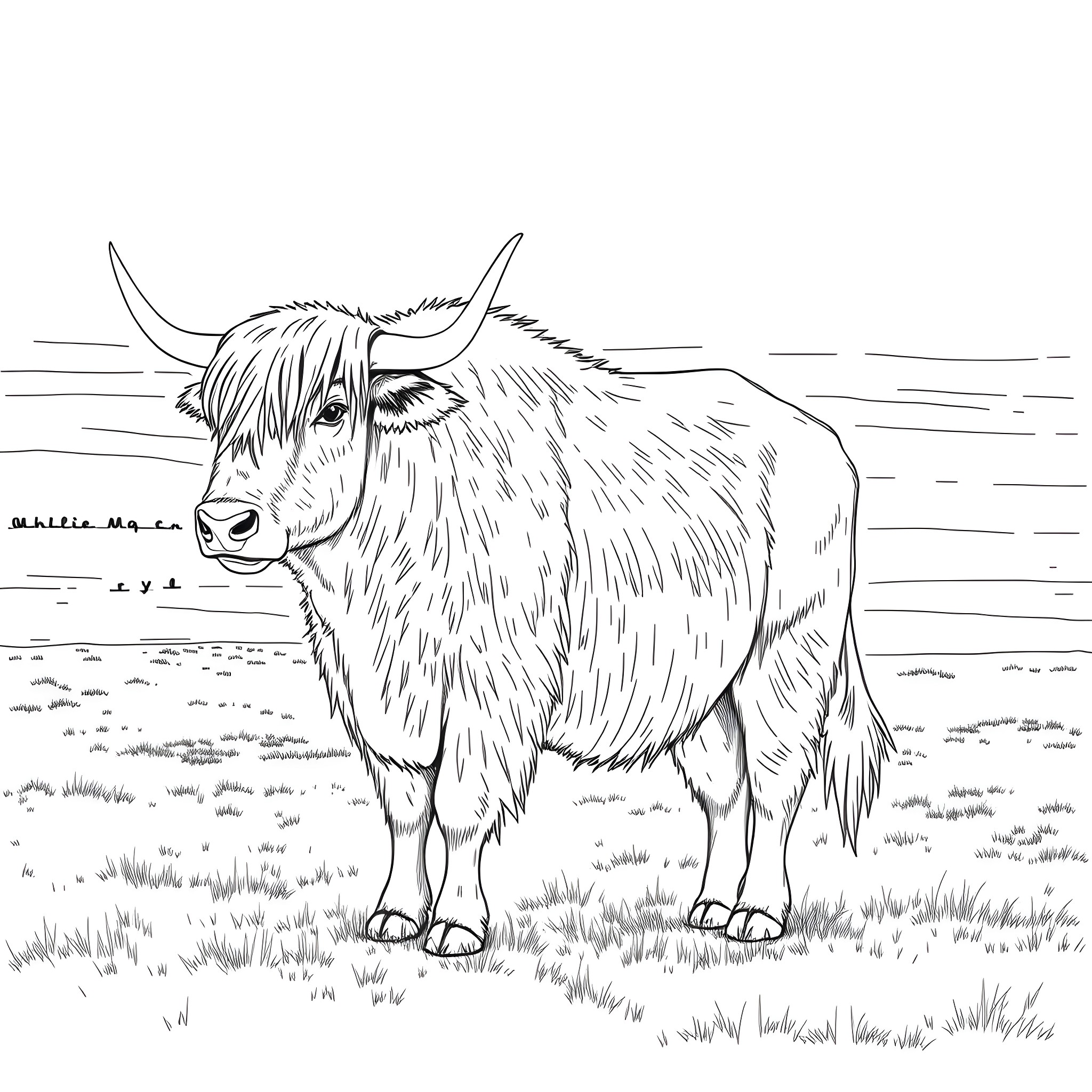 Yak standing alone in a grassy field Coloring Page (free black-and-white line drawing printable PDF for all, from beginners to advanced learners, including children, teens, adults, and seniors)