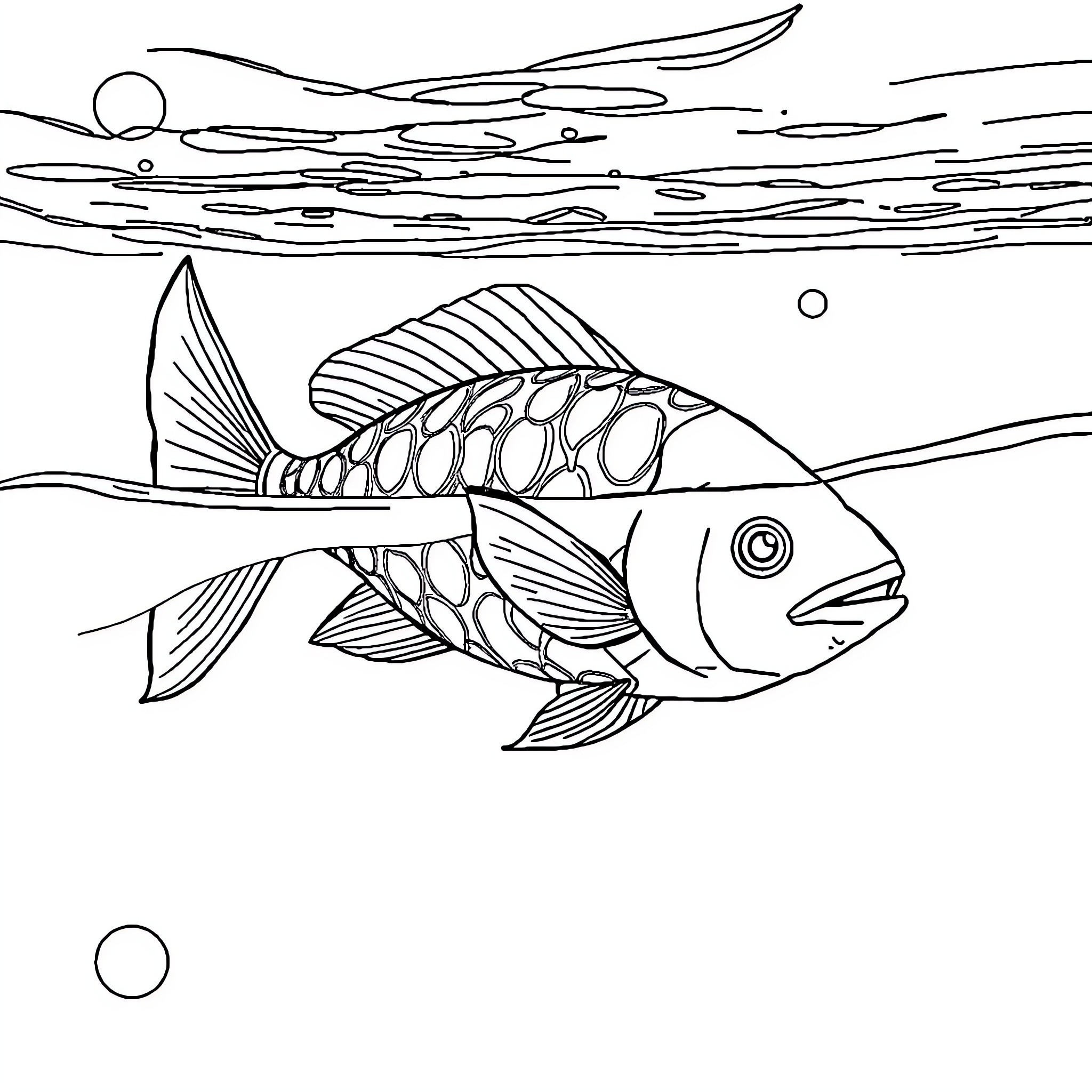 Fish swimming in the underwater scene Coloring Page (free black-and-white line drawing printable PDF for all, from beginners to advanced learners, including children, teens, adults, and seniors)