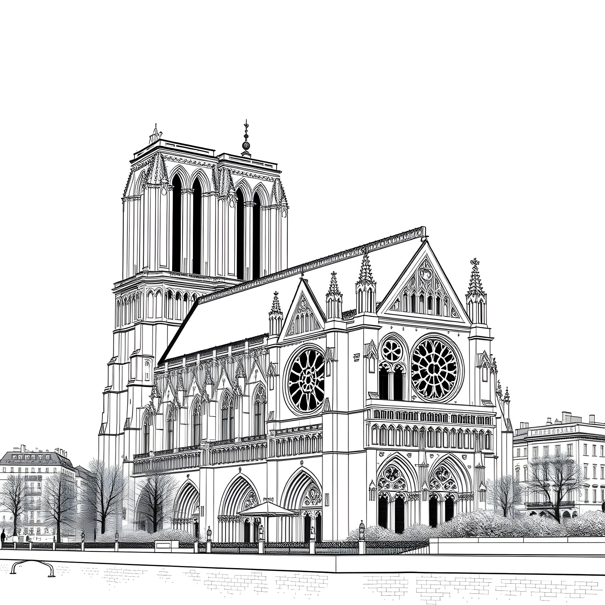 Norte Dame Cathedral with Gothic Architecture Coloring Page (free black-and-white line drawing printable PDF for all, from beginners to advanced learners, including children, teens, adults, and seniors)