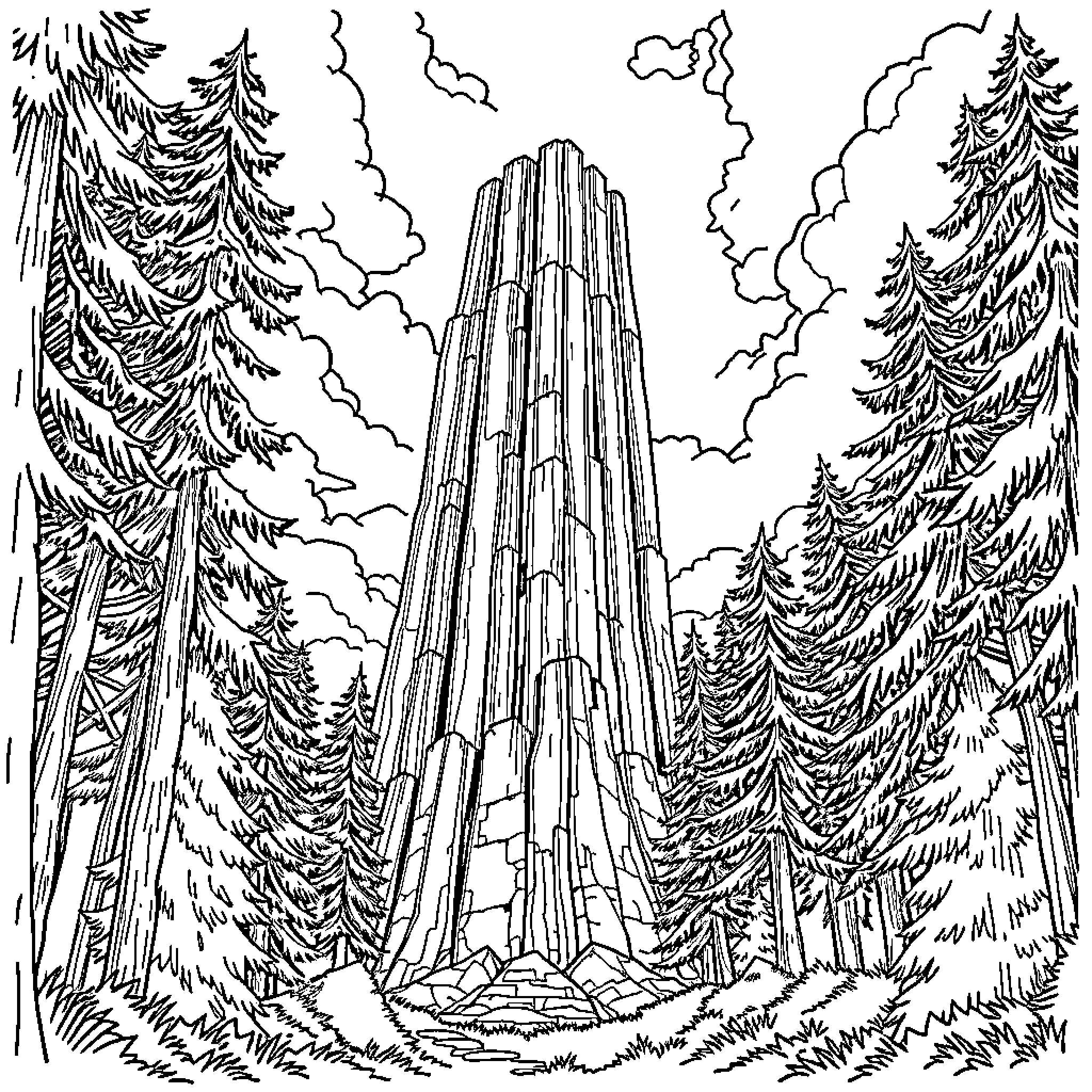 Giant Towering Rock Formation in Forested Landscape Coloring Page (free black-and-white line drawing printable PDF for all, from beginners to advanced learners, including children, teens, adults, and seniors)