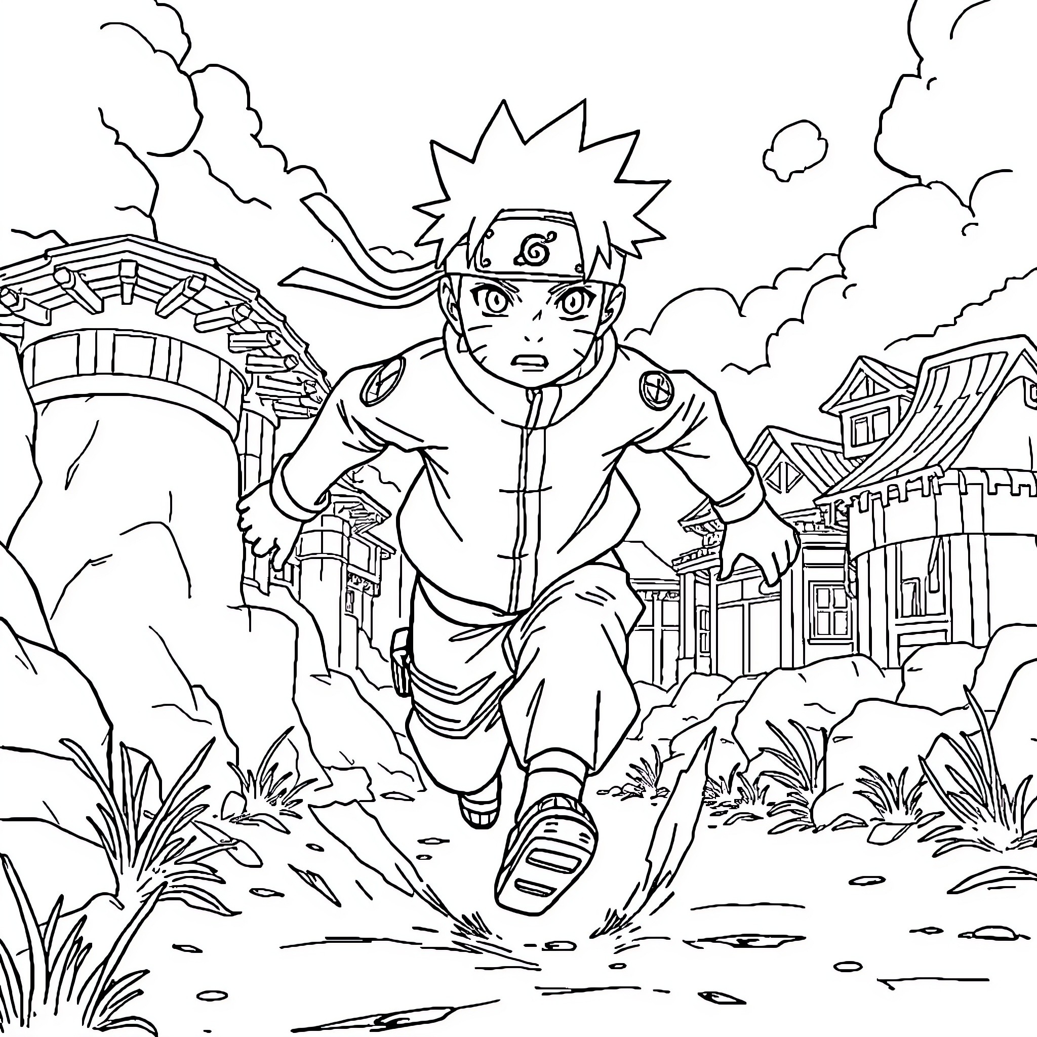 Naruto running through the village with determination Coloring Page (free black-and-white line drawing printable PDF for all, from beginners to advanced learners, including children, teens, adults, and seniors)