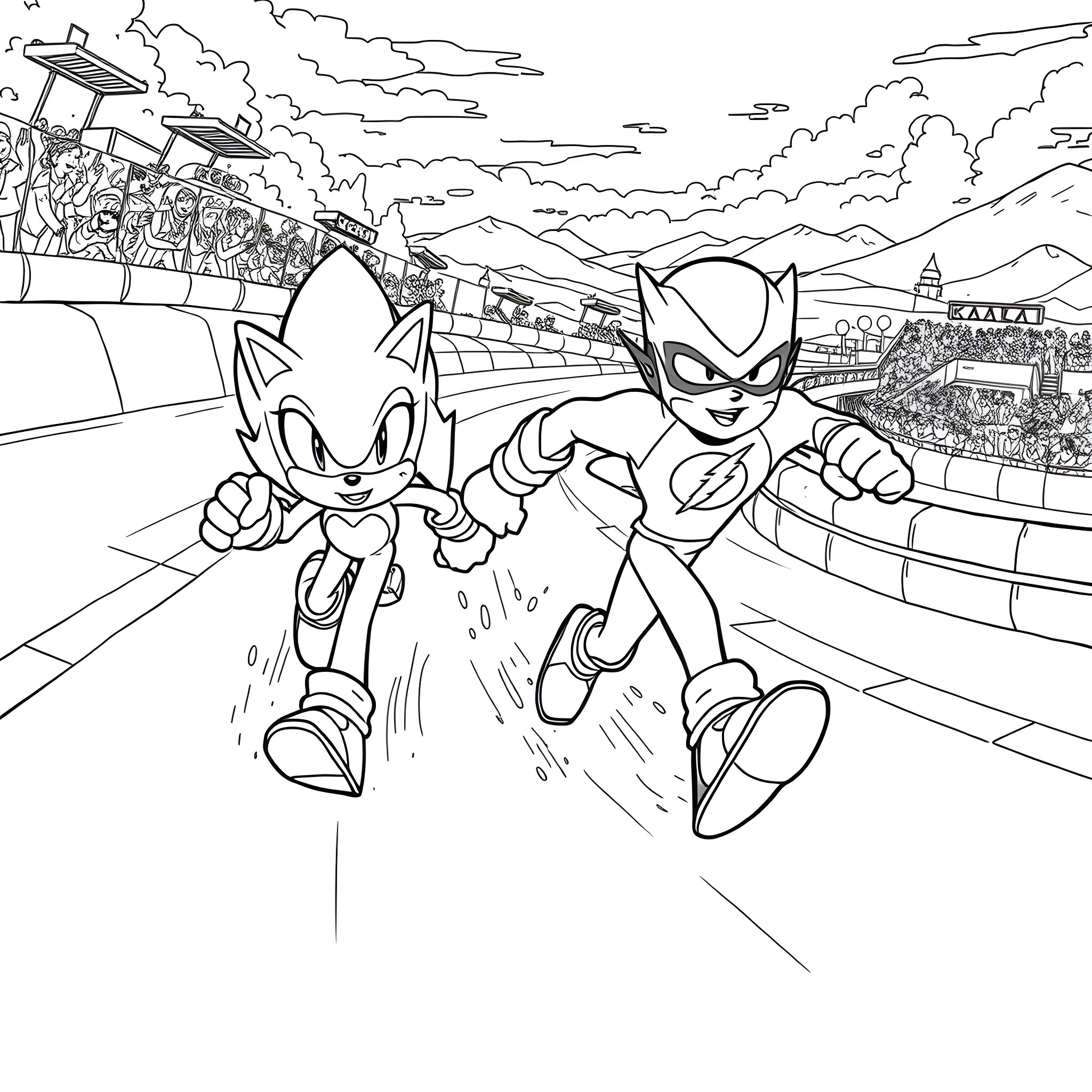 Flash of Sonic and Knuckles racing on the track Coloring Page (free black-and-white line drawing printable PDF for all, from beginners to advanced learners, including children, teens, adults, and seniors)