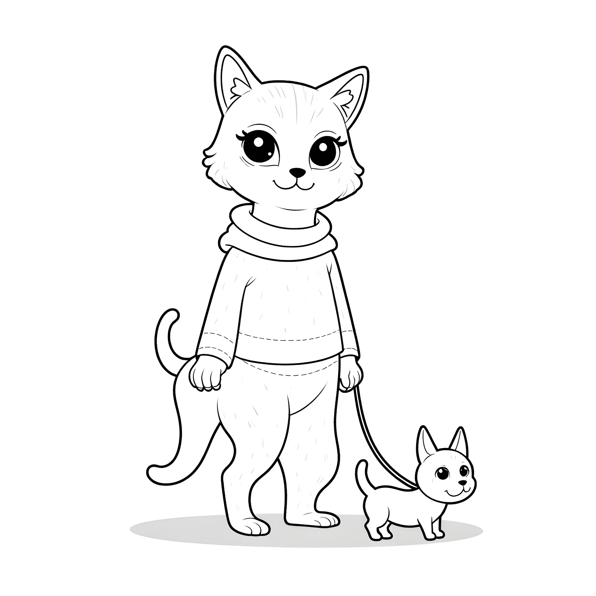 Cat and its Puppy Companion Coloring Page (free black-and-white line drawing printable PDF for all, from beginners to advanced learners, including children, teens, adults, and seniors)