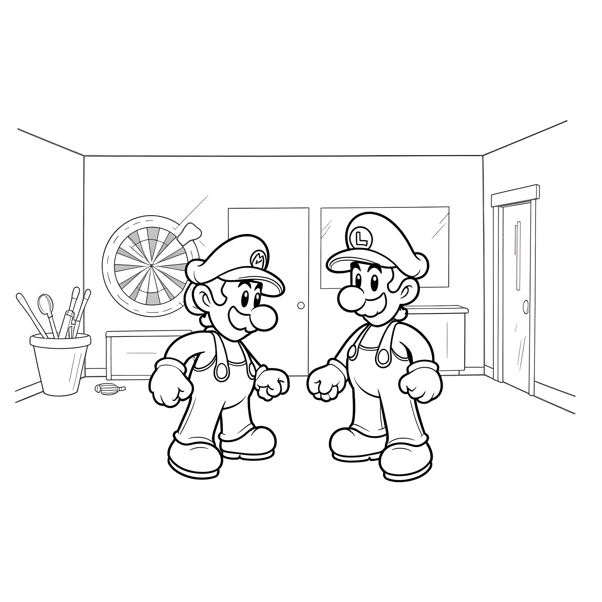 Mario and Luigi in a Game Room Coloring Page (free black-and-white line drawing printable PDF for all, from beginners to advanced learners, including children, teens, adults, and seniors)
