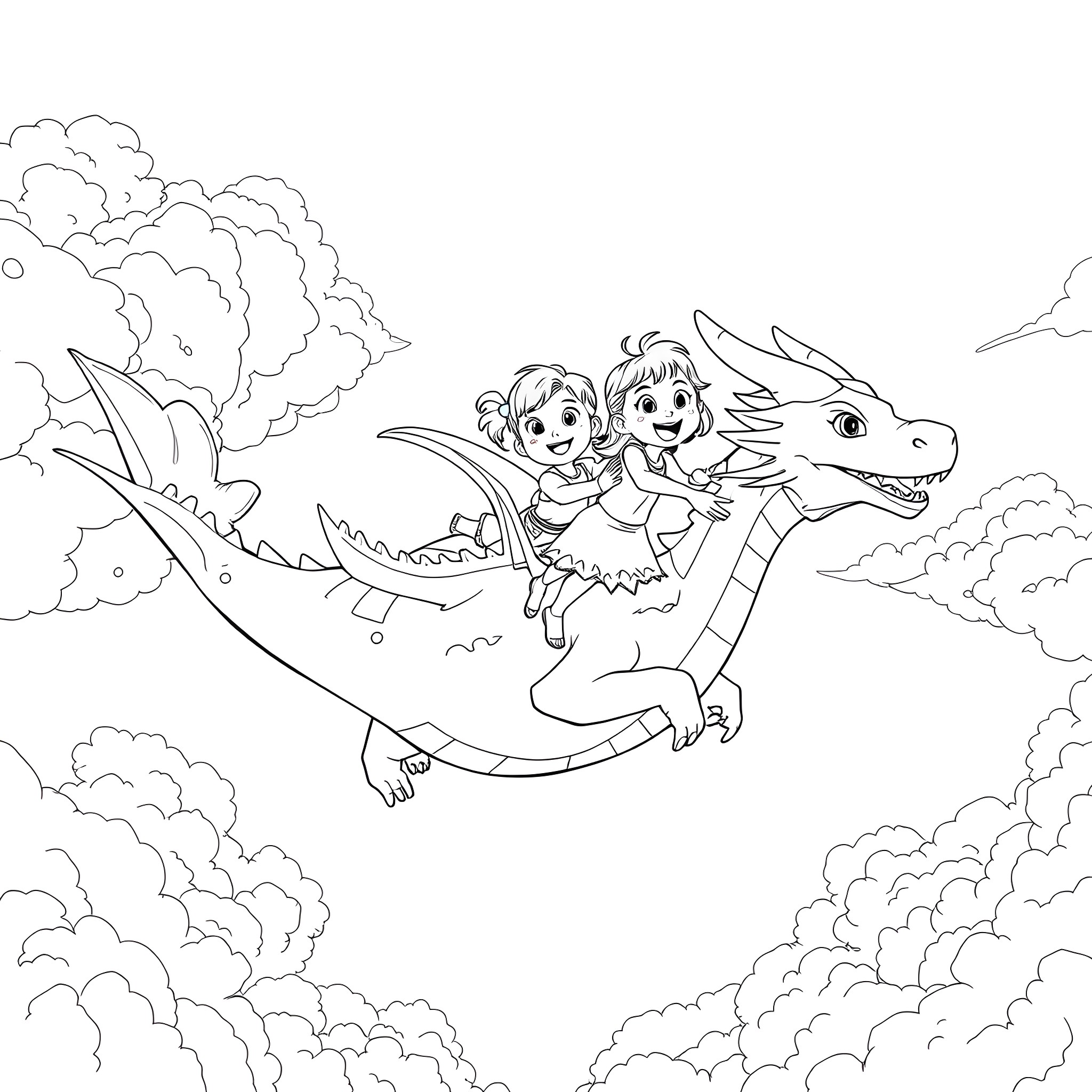 Dragon soaring with children through the clouds Coloring Page (free black-and-white line drawing printable PDF for all, from beginners to advanced learners, including children, teens, adults, and seniors)