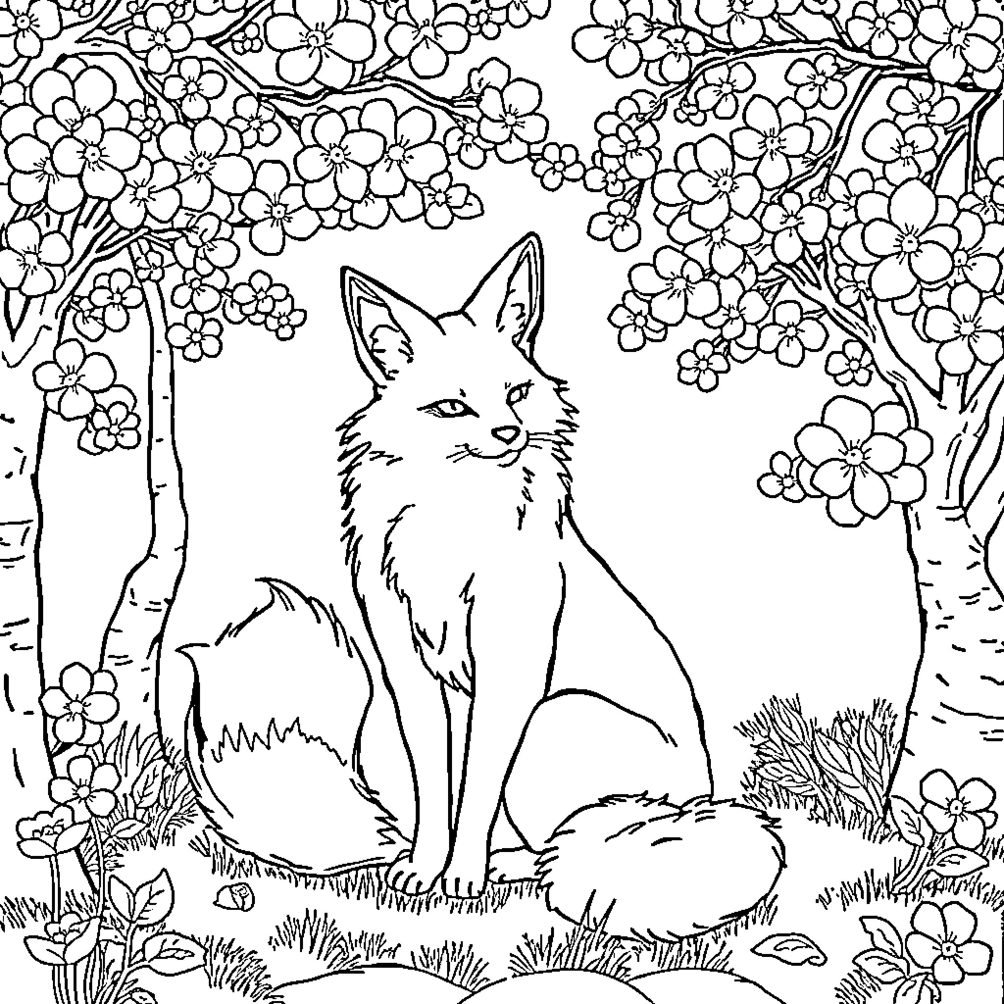 Kitsune fox in the floral forest Coloring Page (free black-and-white line drawing printable PDF for all, from beginners to advanced learners, including children, teens, adults, and seniors)
