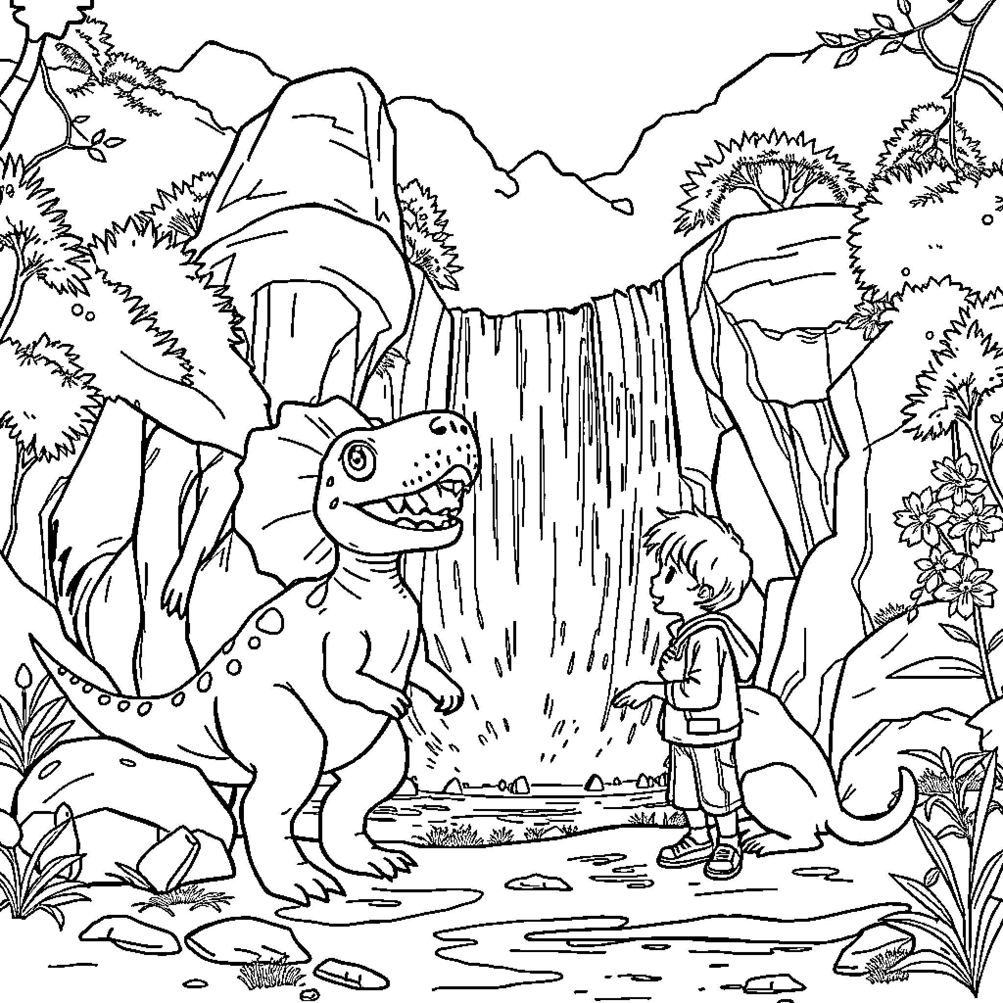 Triceratops and hiker exploring prehistoric landscape Coloring Page (free black-and-white line drawing printable PDF for all, from beginners to advanced learners, including children, teens, adults, and seniors)