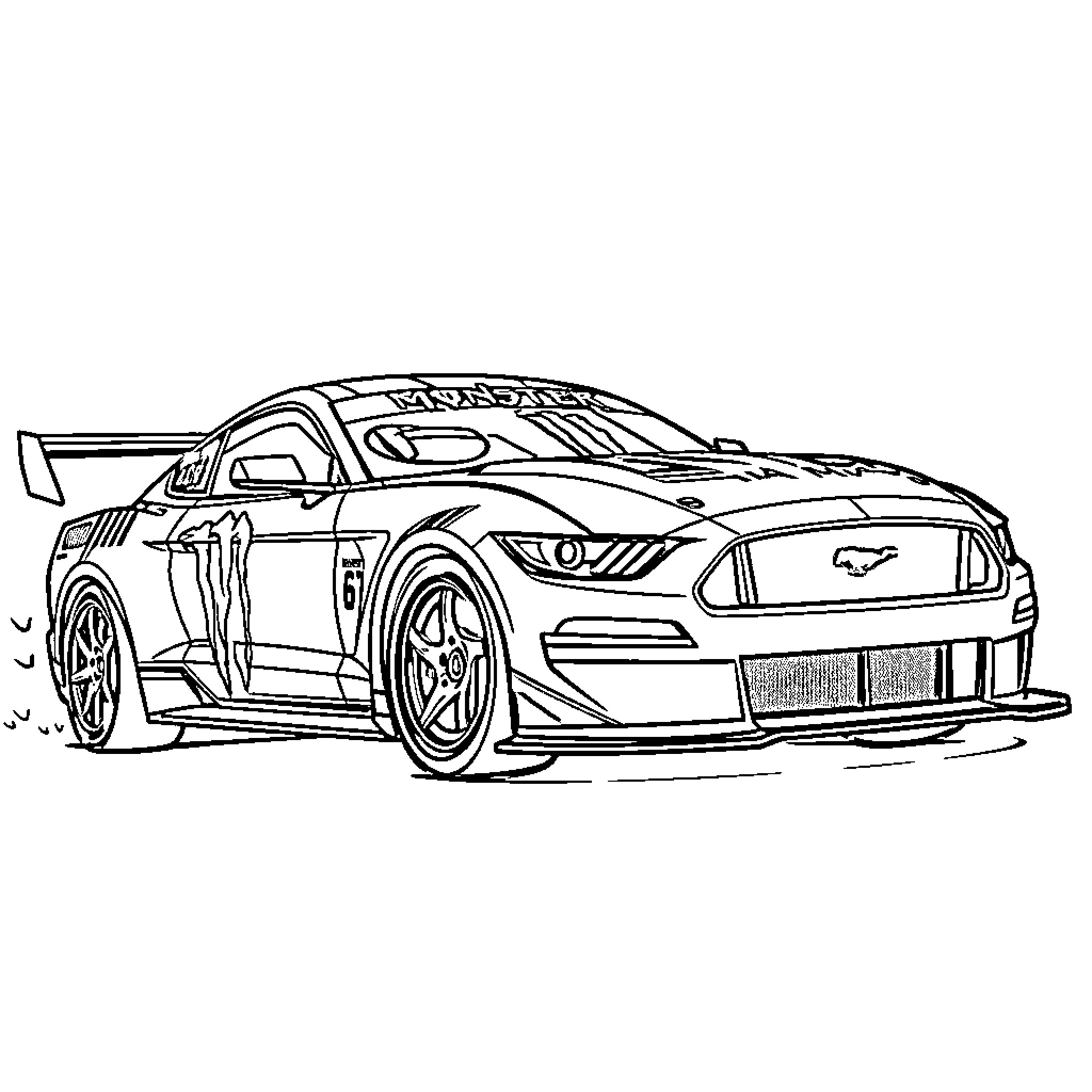 Ford Mustang racing car in action Coloring Page (free black-and-white line drawing printable PDF for all, from beginners to advanced learners, including children, teens, adults, and seniors)