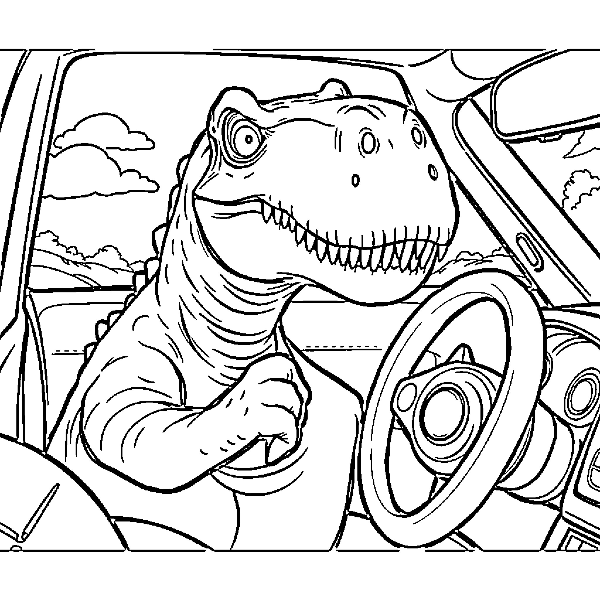 Dinosaur driving a car through the city Coloring Page (free black-and-white line drawing printable PDF for all, from beginners to advanced learners, including children, teens, adults, and seniors)
