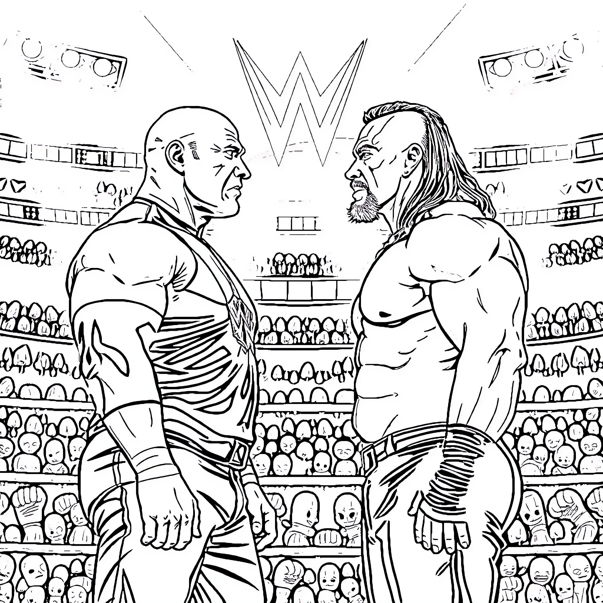 Wrestler Rivals Face Off in Intense Battle Coloring Page (free black-and-white line drawing printable PDF for all, from beginners to advanced learners, including children, teens, adults, and seniors)