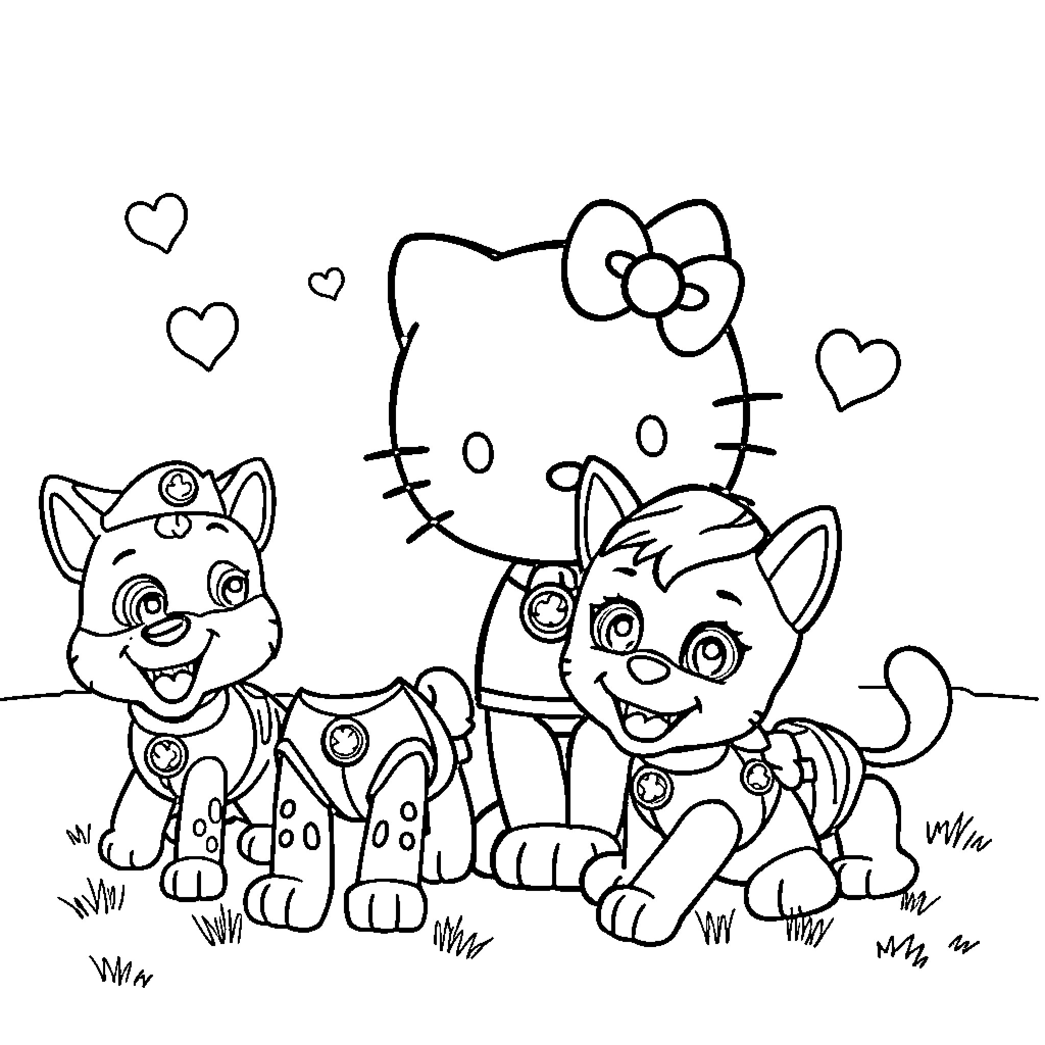 Hello Kitty playing with cartoon pets Coloring Page (free black-and-white line drawing printable PDF for all, from beginners to advanced learners, including children, teens, adults, and seniors)