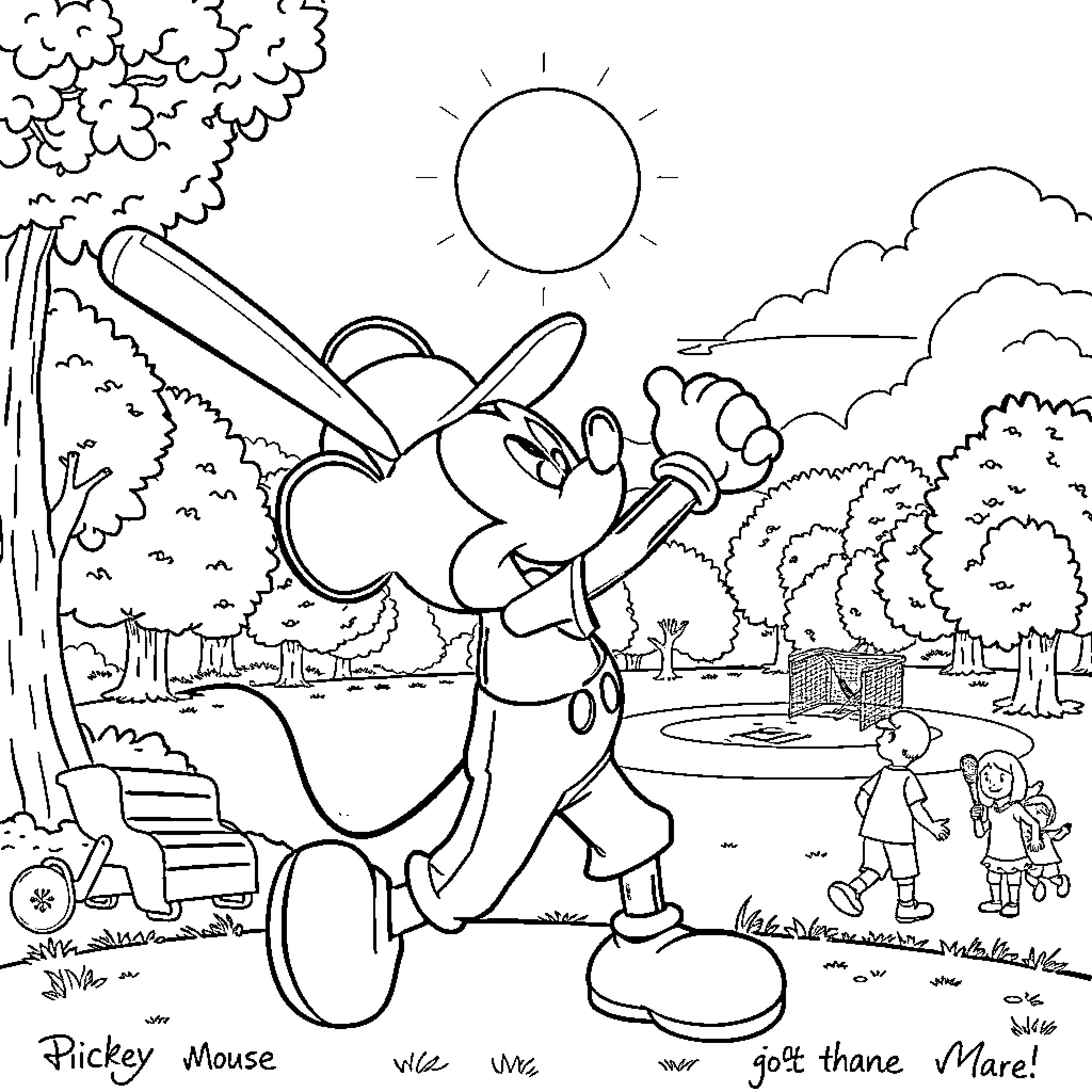 Mickey Mouse enjoying nature and mowing the lawn Coloring Page (free black-and-white line drawing printable PDF for all, from beginners to advanced learners, including children, teens, adults, and seniors)