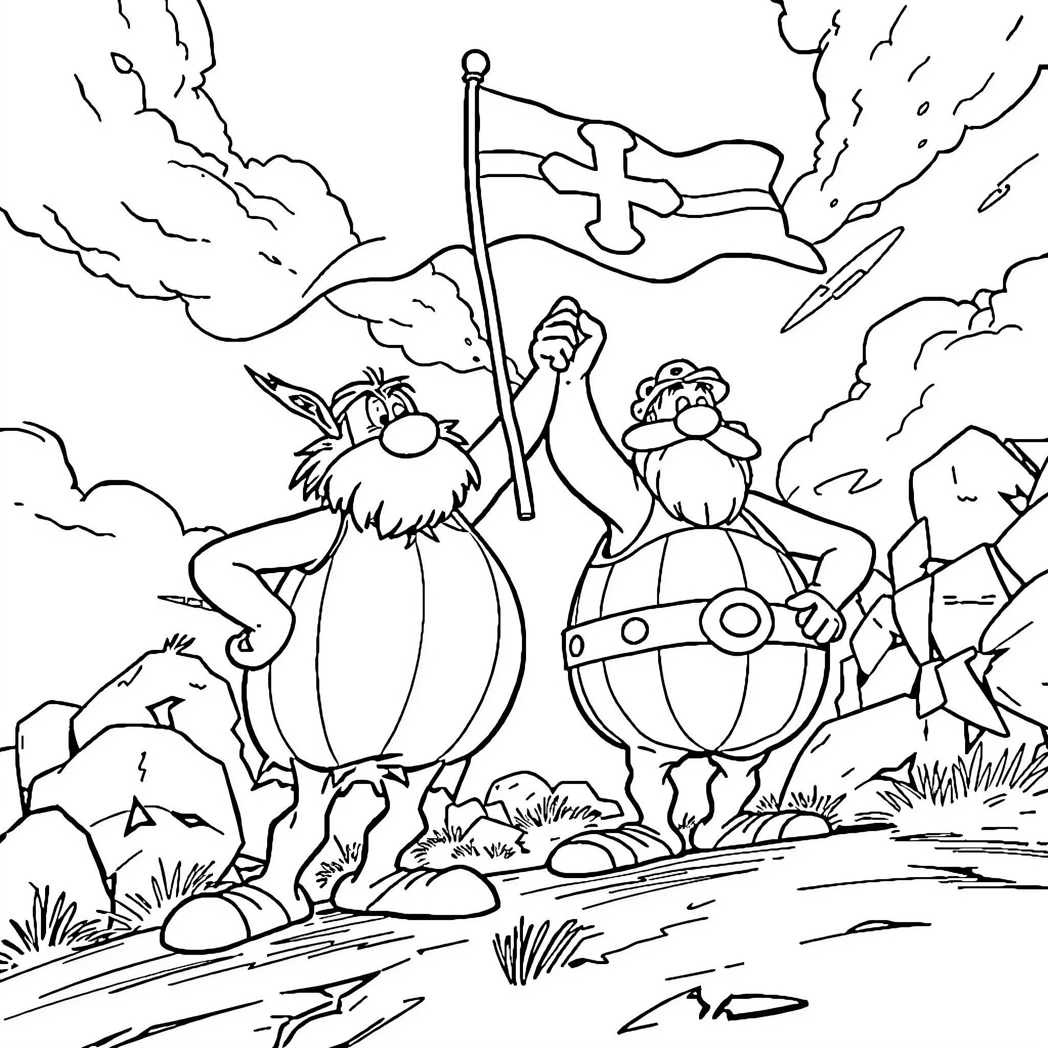 Asterix and Obelix on an adventure Coloring Page (free black-and-white line drawing printable PDF for all, from beginners to advanced learners, including children, teens, adults, and seniors)