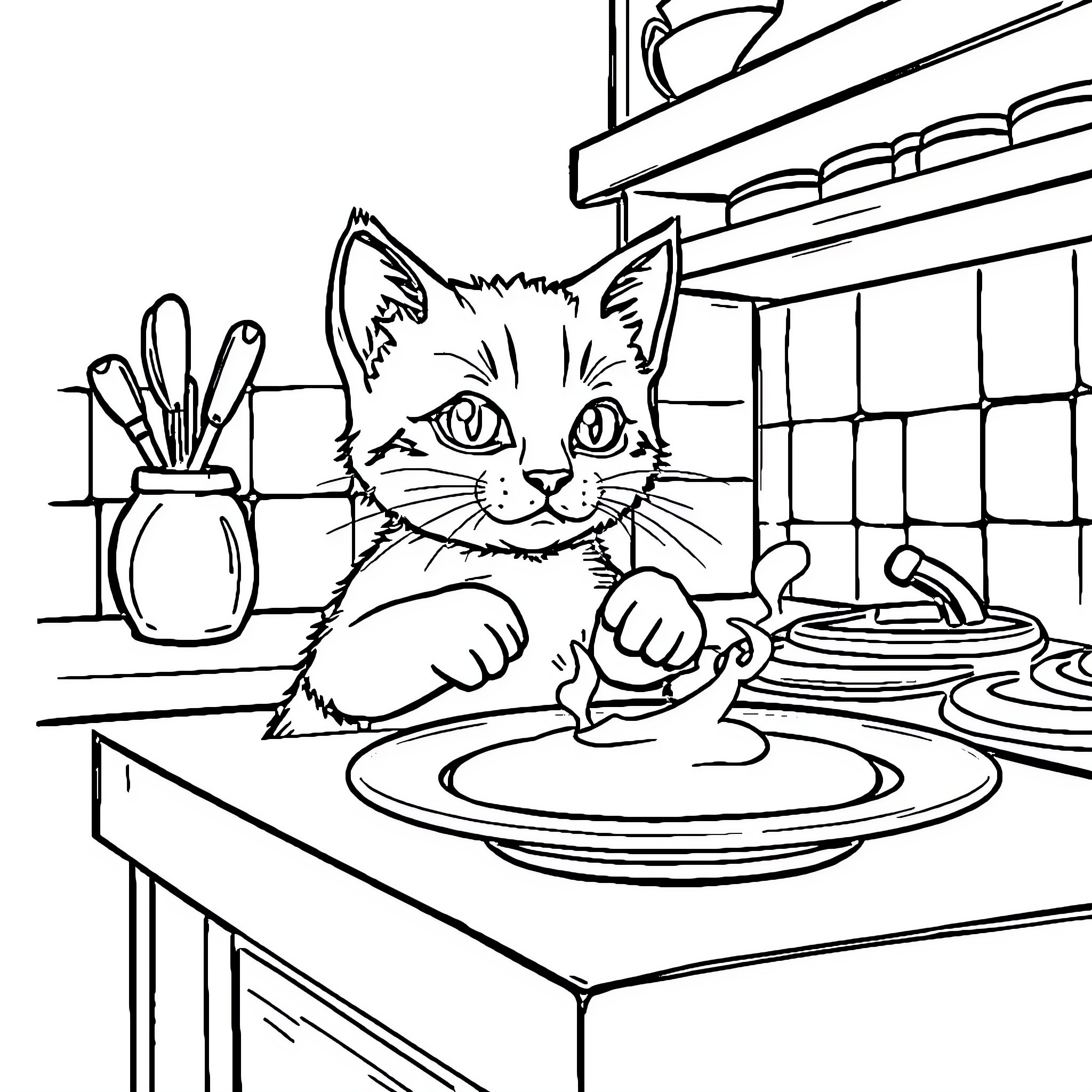 Cat Cooking in the Kitchen Coloring Page (free black-and-white line drawing printable PDF for all, from beginners to advanced learners, including children, teens, adults, and seniors)