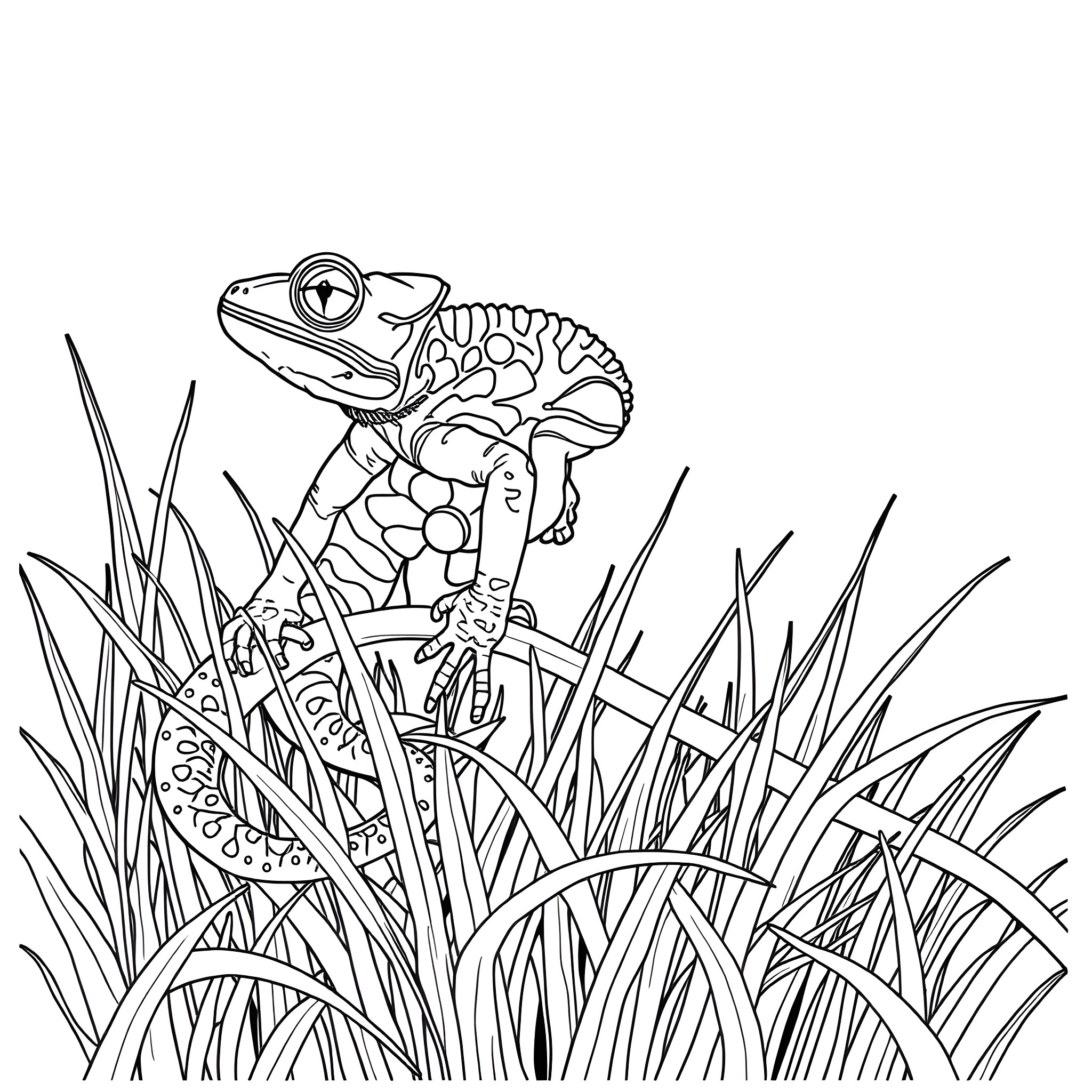 Chameleon camouflaged in lush foliage Coloring Page (free black-and-white line drawing printable PDF for all, from beginners to advanced learners, including children, teens, adults, and seniors)