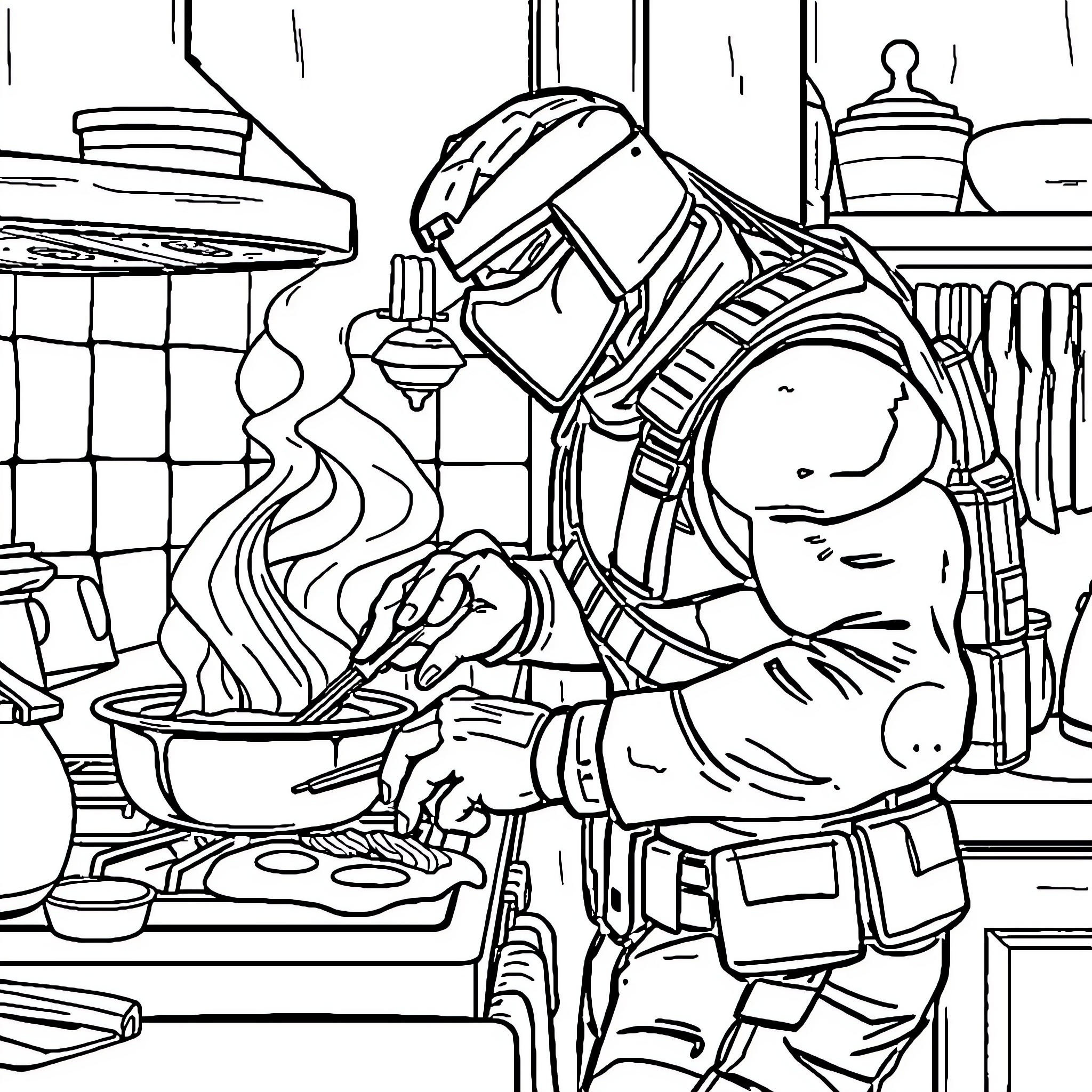 Solid Snake cooking in the kitchen Coloring Page (free black-and-white line drawing printable PDF for all, from beginners to advanced learners, including children, teens, adults, and seniors)