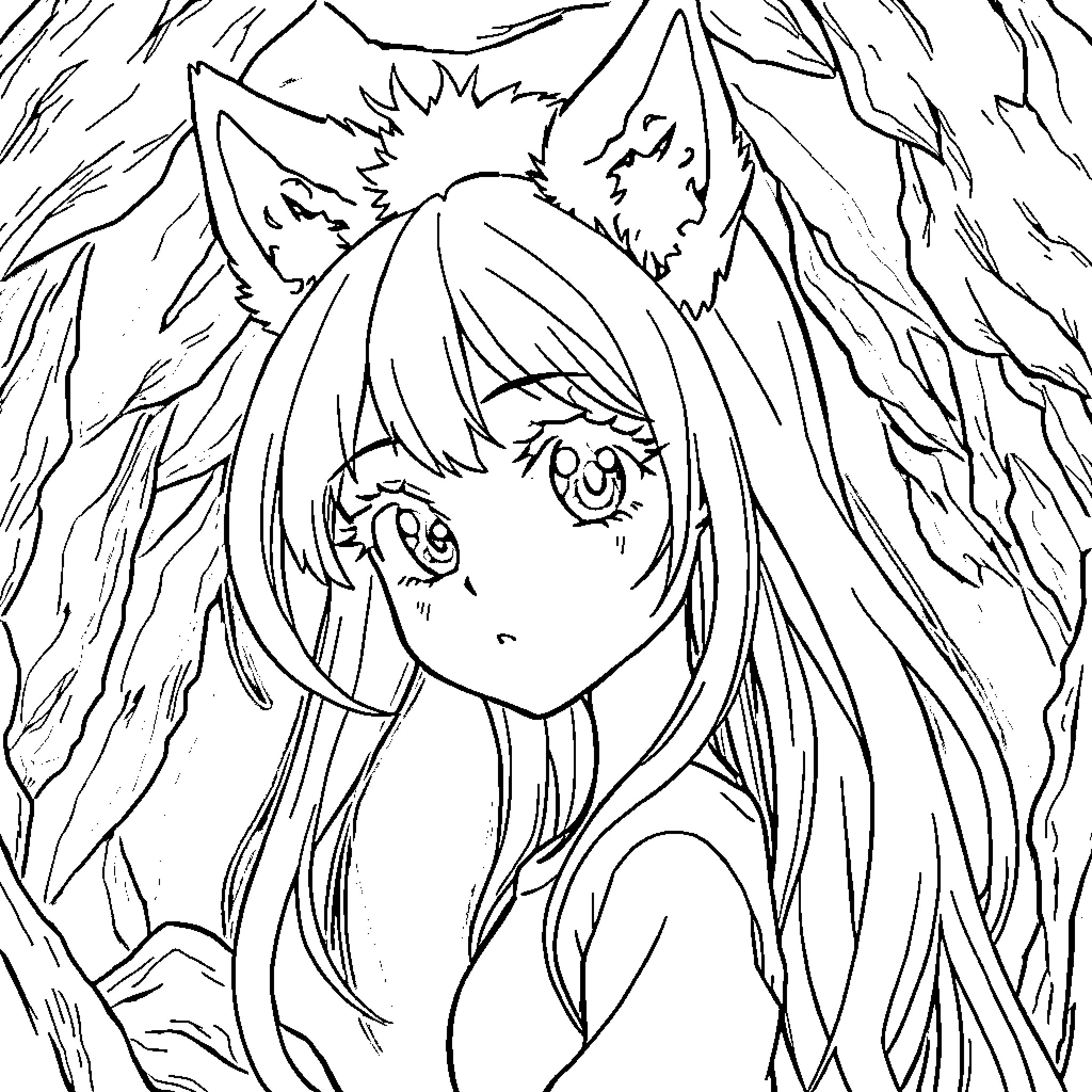 Anime Girl with Playful Expression in Nature Coloring Page (free black-and-white line drawing printable PDF for all, from beginners to advanced learners, including children, teens, adults, and seniors)