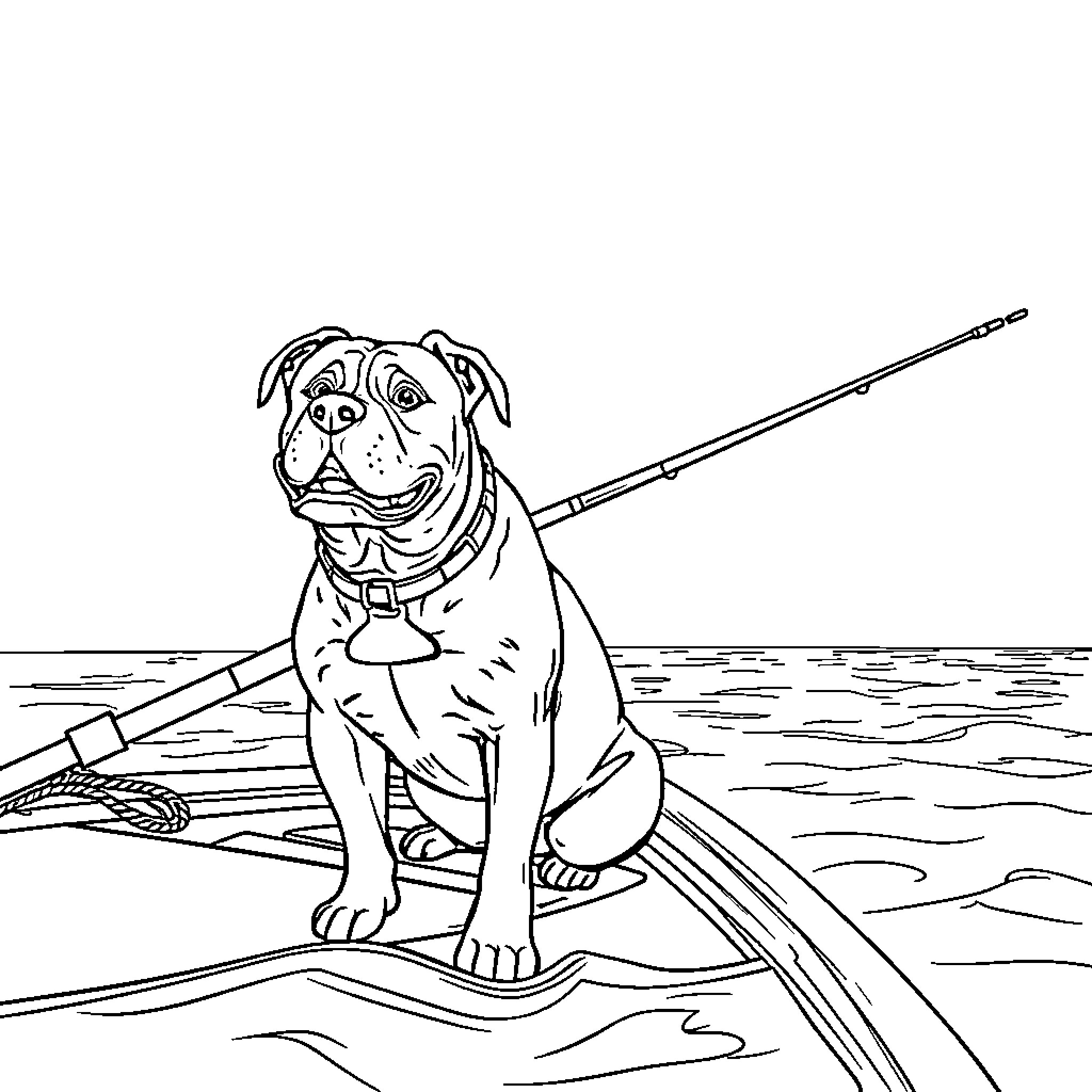 Pitbull enjoying a day of fishing Coloring Page (free black-and-white line drawing printable PDF for all, from beginners to advanced learners, including children, teens, adults, and seniors)
