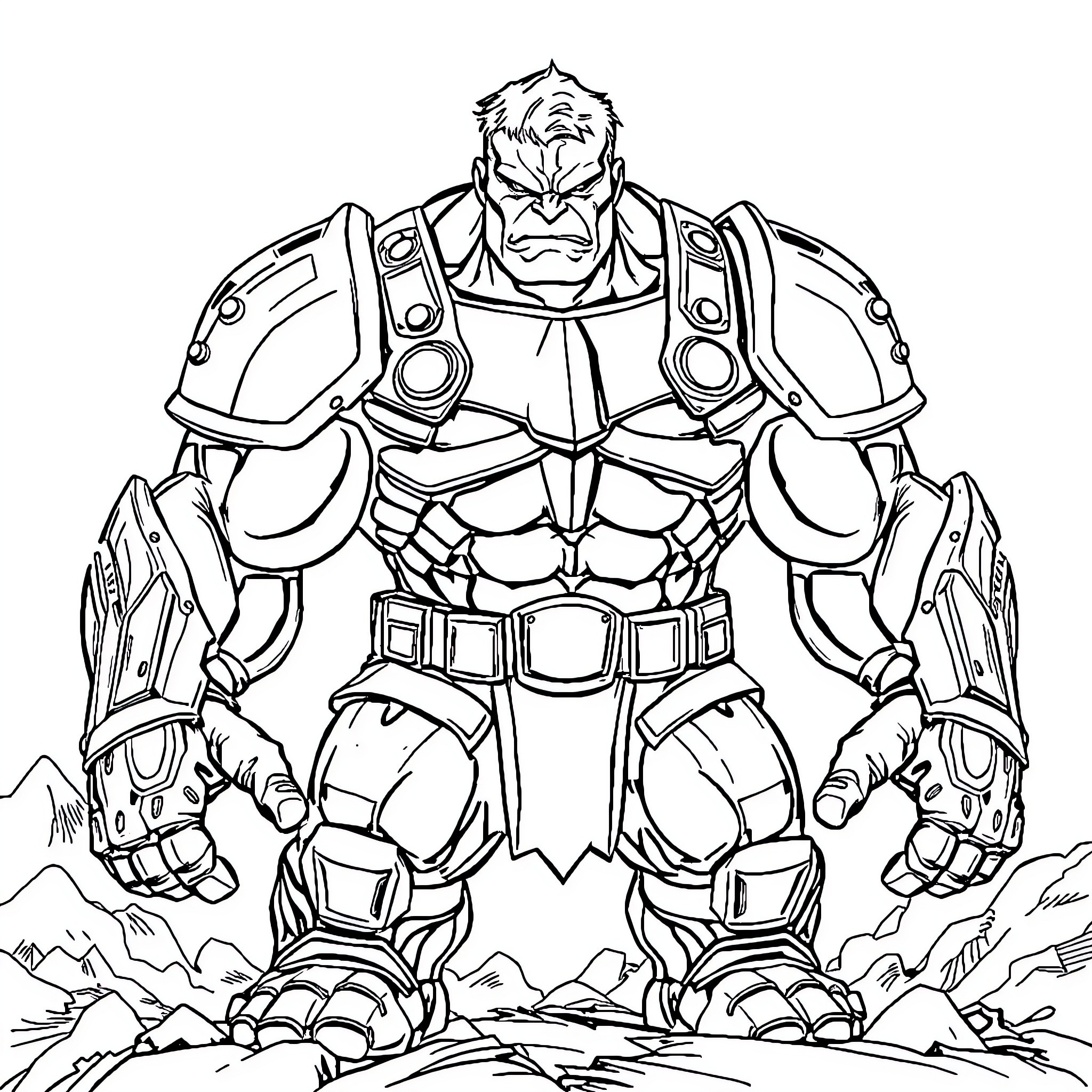 Hulk Hulked-Out Heroic Stance in Rugged Terrain Coloring Page (free black-and-white line drawing printable PDF for all, from beginners to advanced learners, including children, teens, adults, and seniors)
