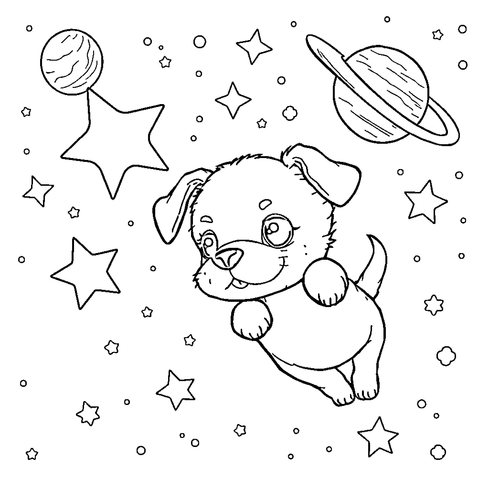 Puppy playing amongst the stars Coloring Page (free black-and-white line drawing printable PDF for all, from beginners to advanced learners, including children, teens, adults, and seniors)