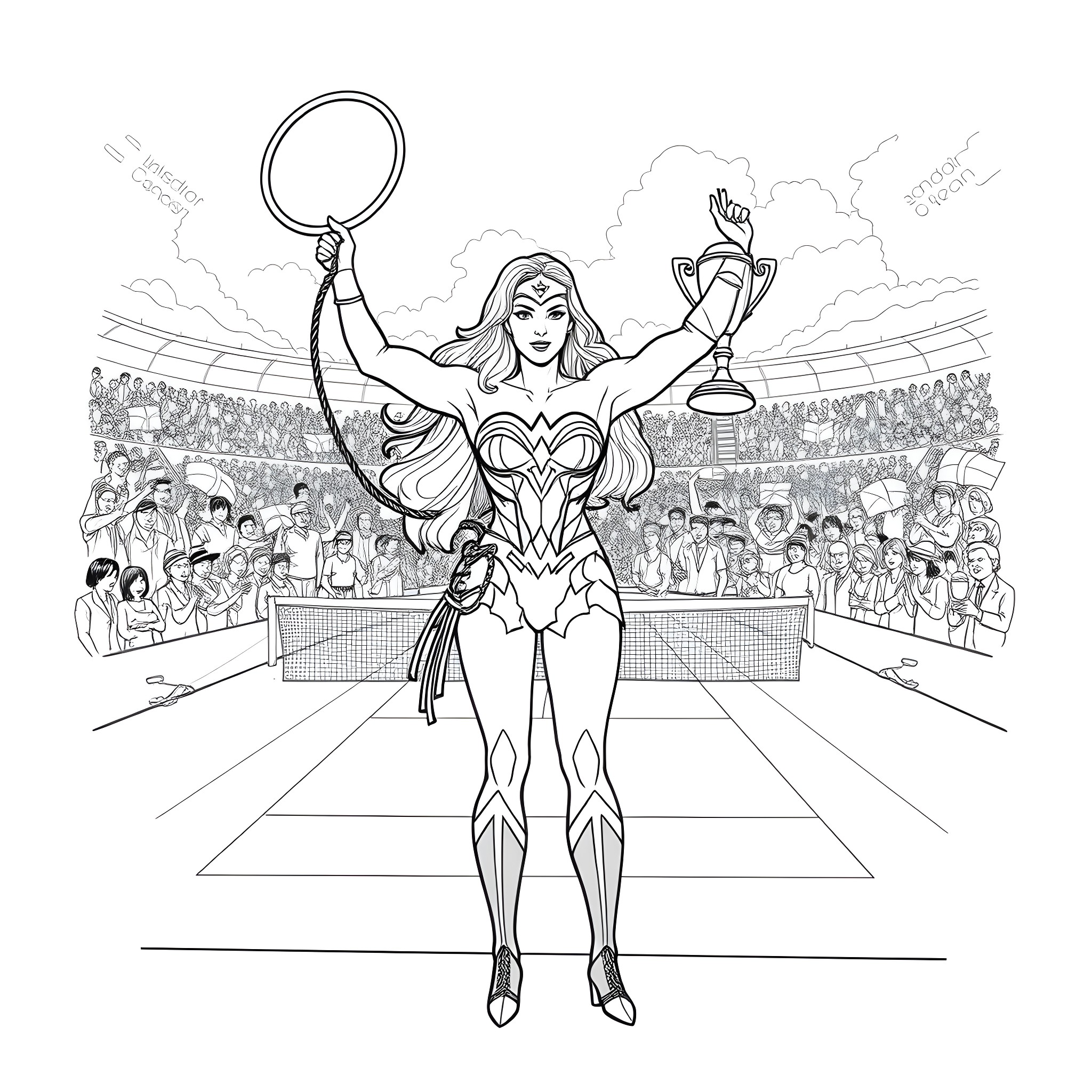 Wonder Woman Celebrating Victory in the Arena Coloring Page (free black-and-white line drawing printable PDF for all, from beginners to advanced learners, including children, teens, adults, and seniors)