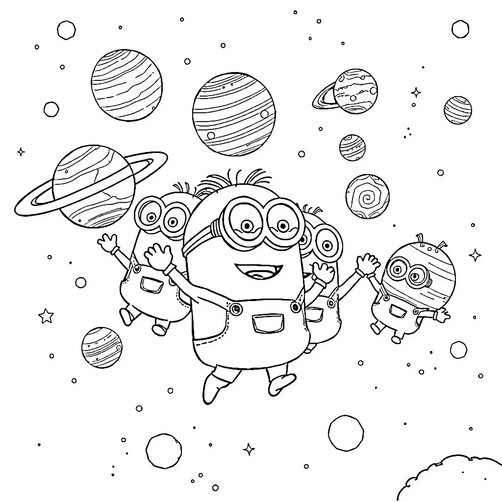 Minions exploring the wondrous space Coloring Page (free black-and-white line drawing printable PDF for all, from beginners to advanced learners, including children, teens, adults, and seniors)