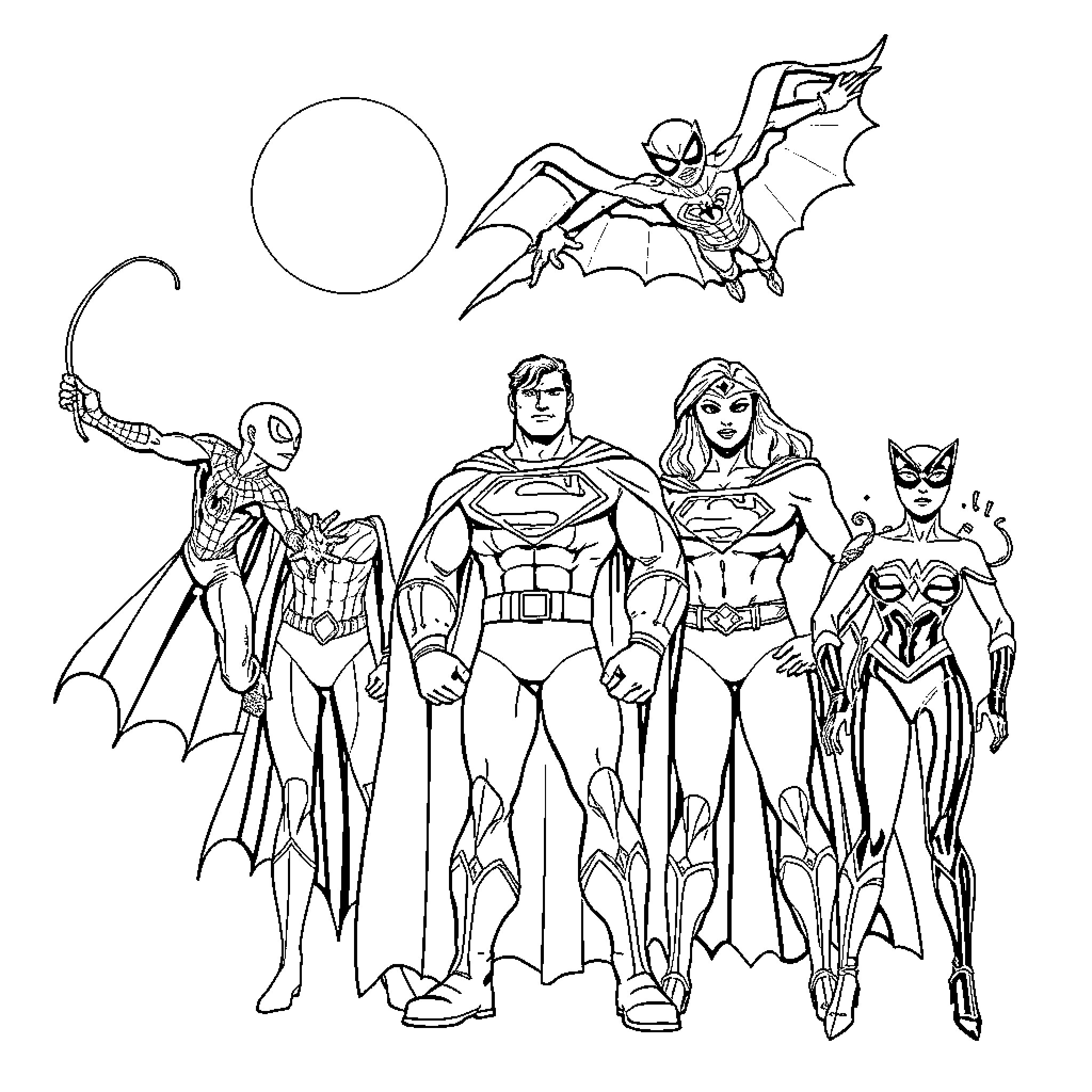 Heroes in Action: Superheroes Saving the Day Coloring Page (free black-and-white line drawing printable PDF for all, from beginners to advanced learners, including children, teens, adults, and seniors)