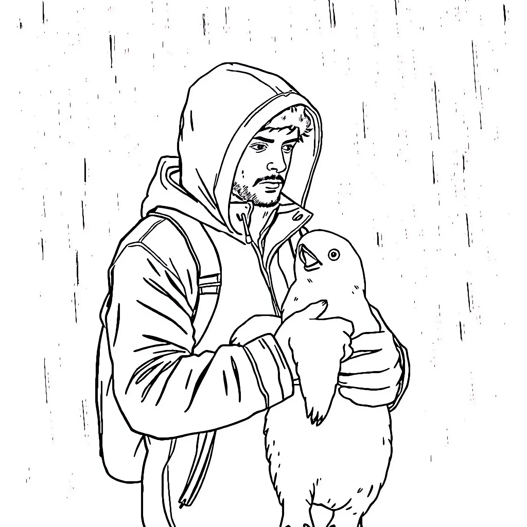 Hombre en impermeable sosteniendo un ave Coloring Page (free black-and-white line drawing printable PDF for all, from beginners to advanced learners, including children, teens, adults, and seniors)